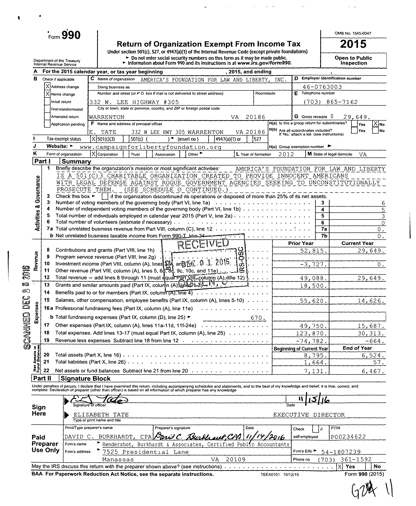 Image of first page of 2015 Form 990 for Campaign for Liberty Foundation