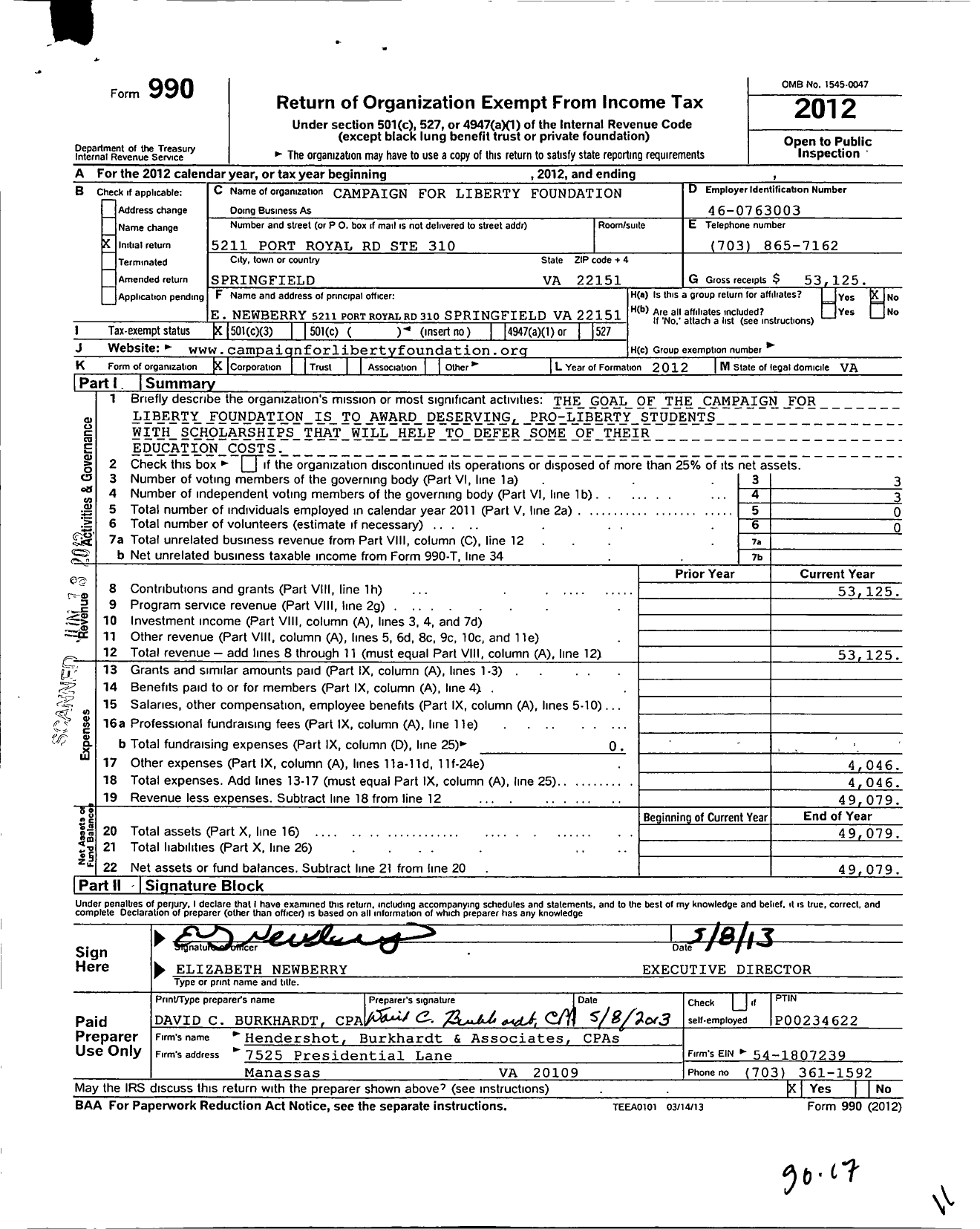 Image of first page of 2012 Form 990 for Campaign for Liberty Foundation