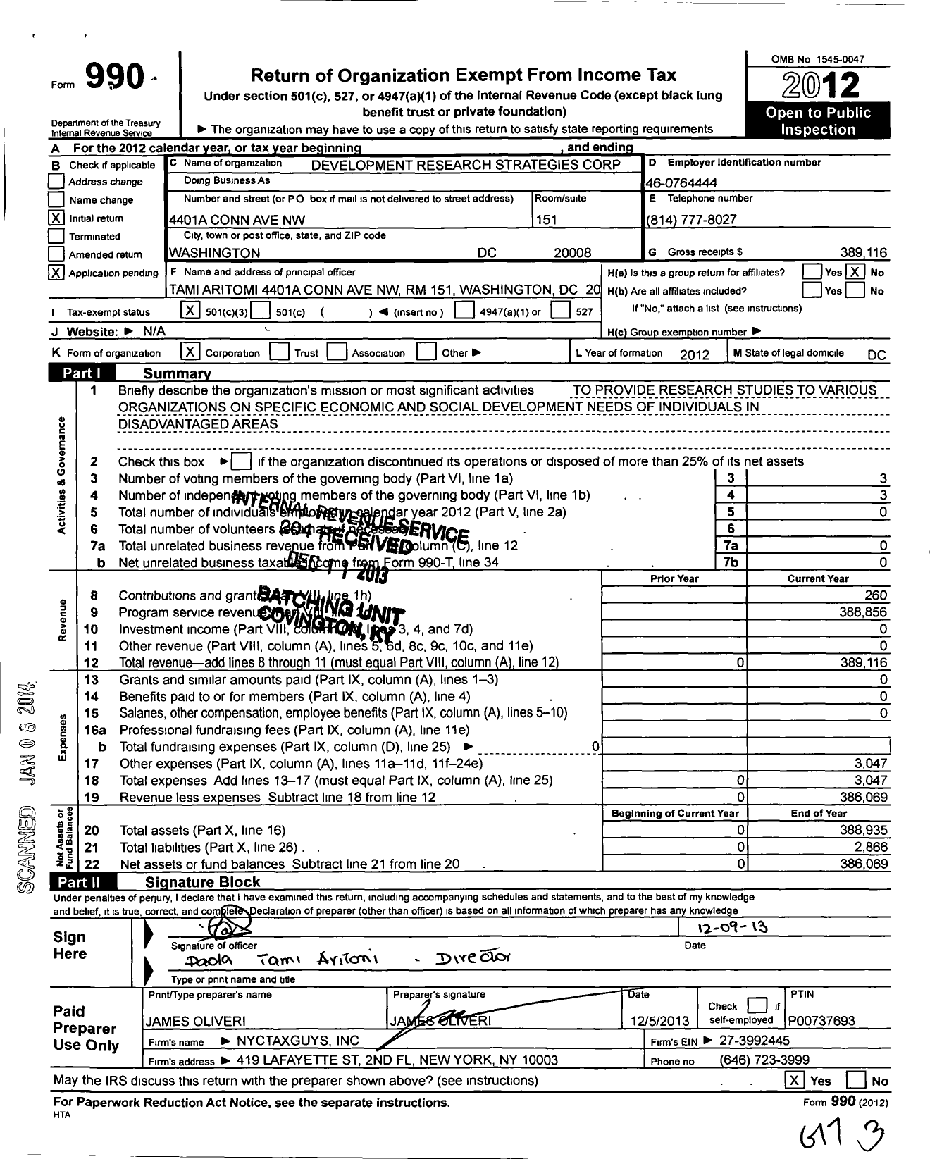 Image of first page of 2012 Form 990 for Development Research Strategies Corporation