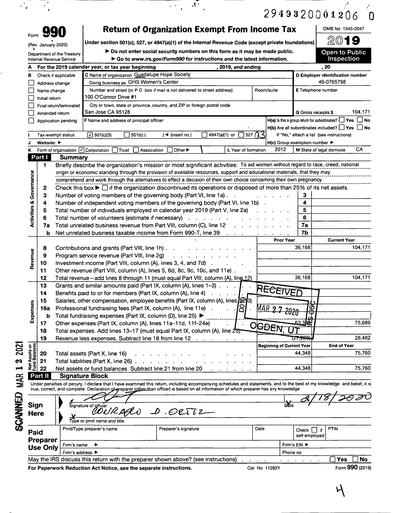 Image of first page of 2019 Form 990 for Guadalupe Hope Society