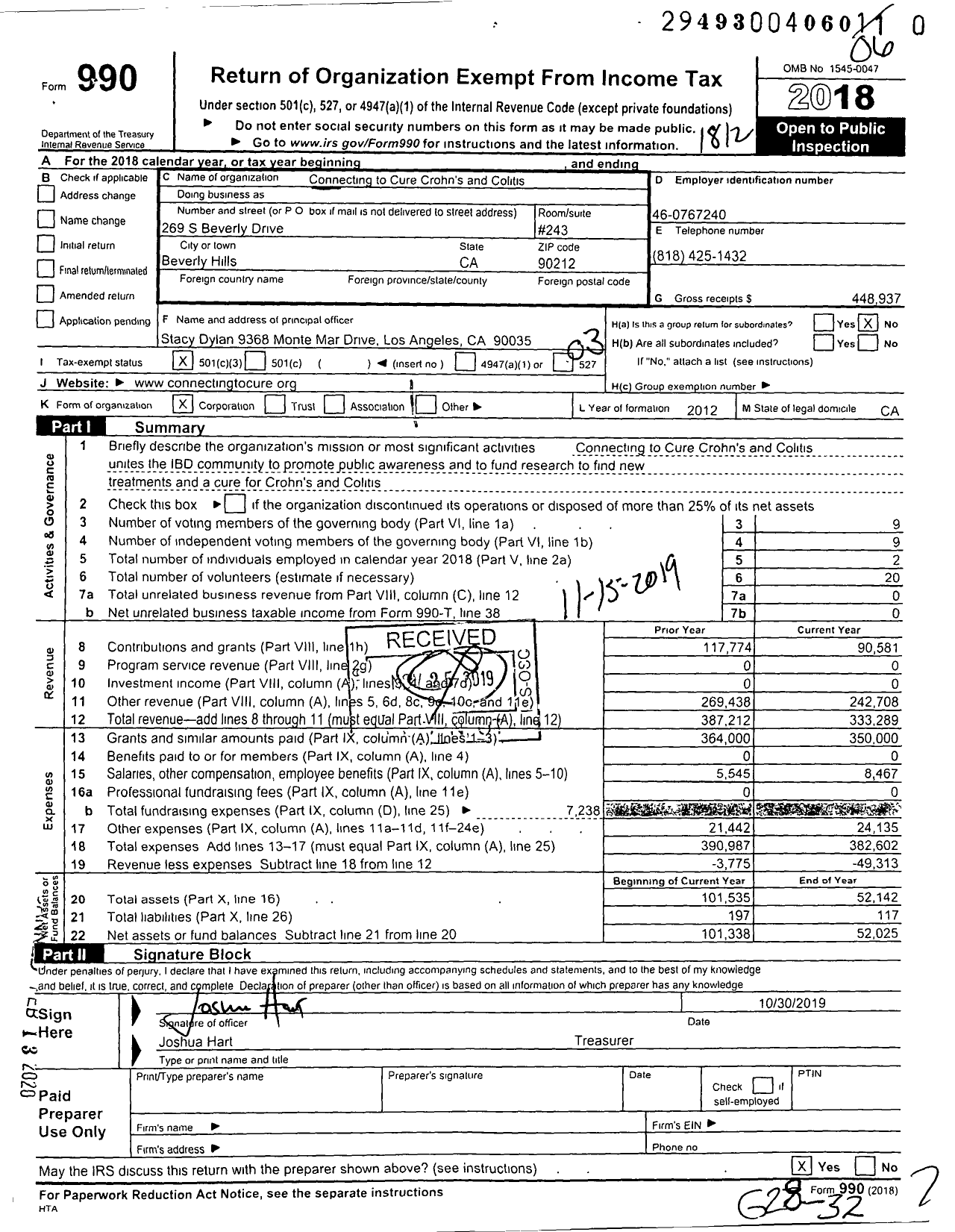 Image of first page of 2018 Form 990 for Connecting to Cure Crohn's and Colitis