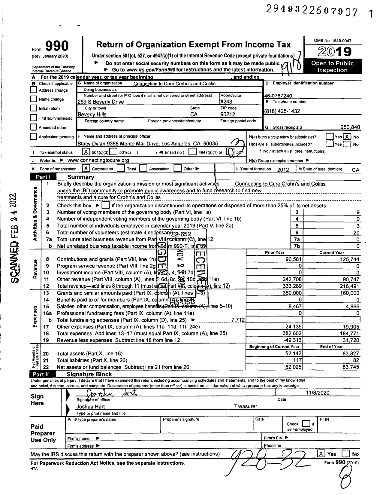 Image of first page of 2019 Form 990 for Connecting to Cure Crohn's and Colitis