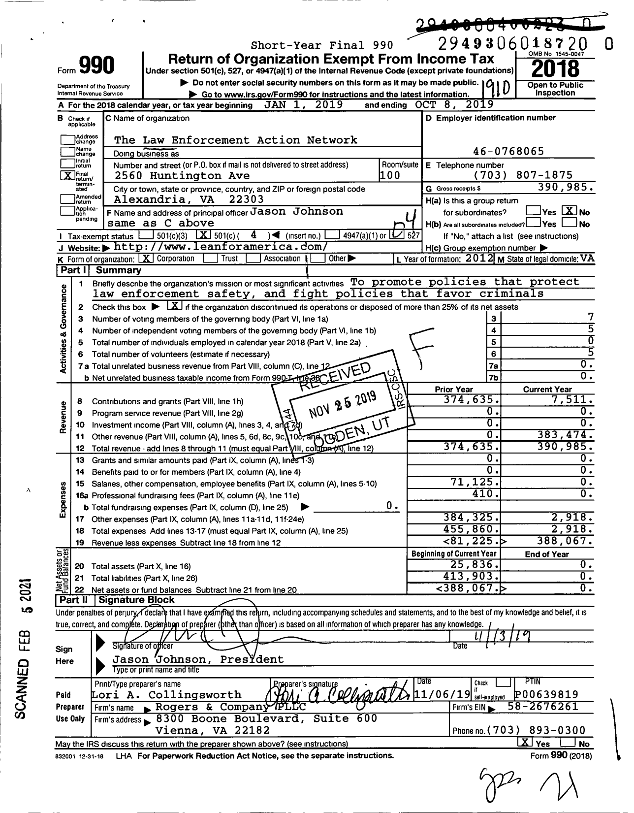 Image of first page of 2018 Form 990O for The Law Enforcement Action Network