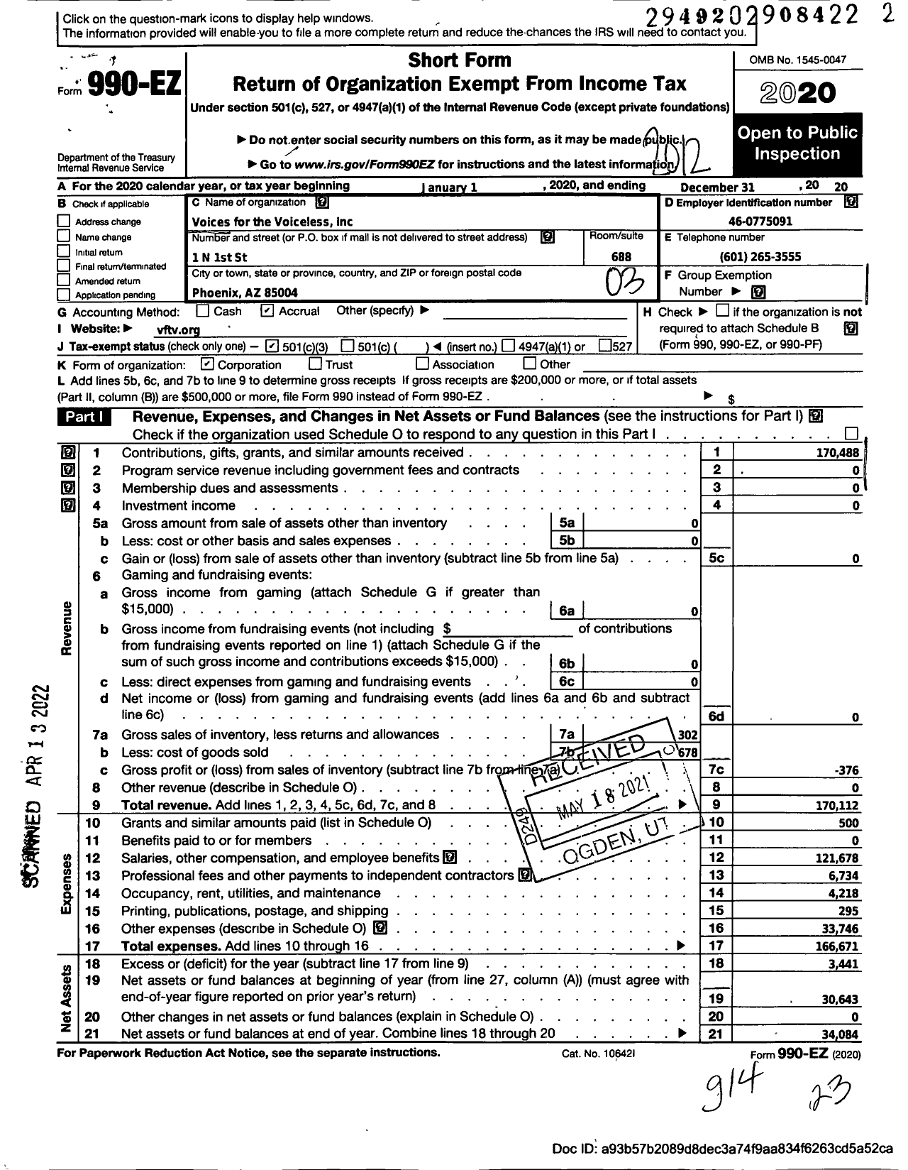 Image of first page of 2020 Form 990EZ for Voices for the Voiceless