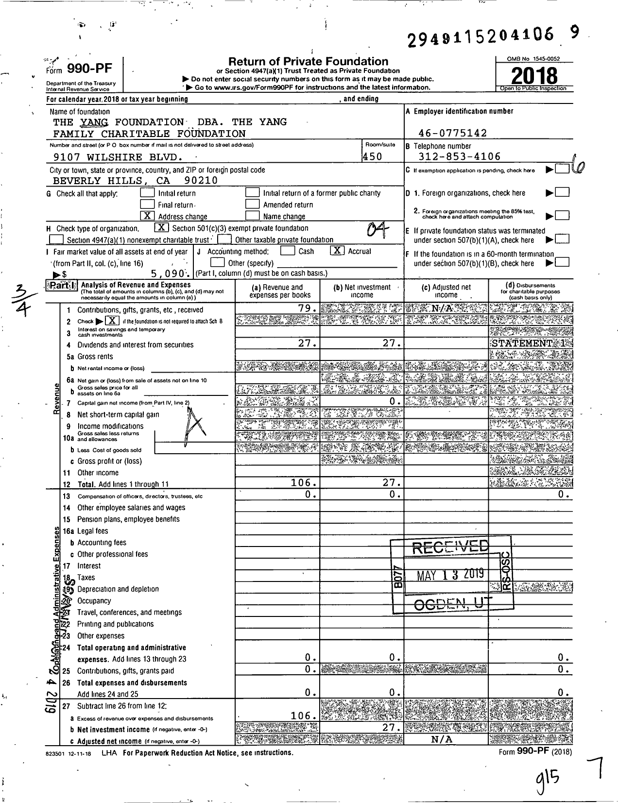 Image of first page of 2018 Form 990PF for The Yang Family Charitable Foundation