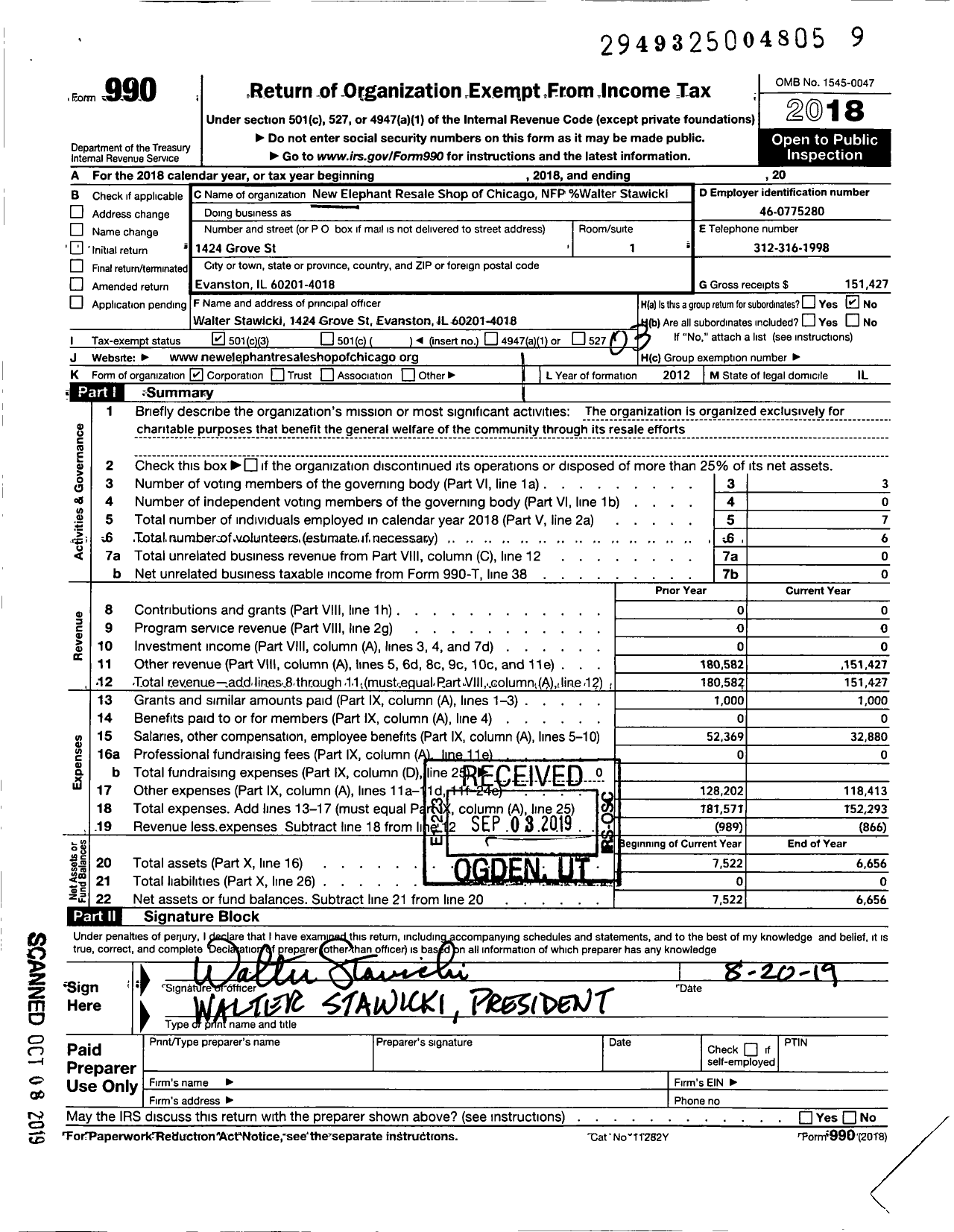 Image of first page of 2018 Form 990 for New Elephant Resale Shop of Chicago NFP