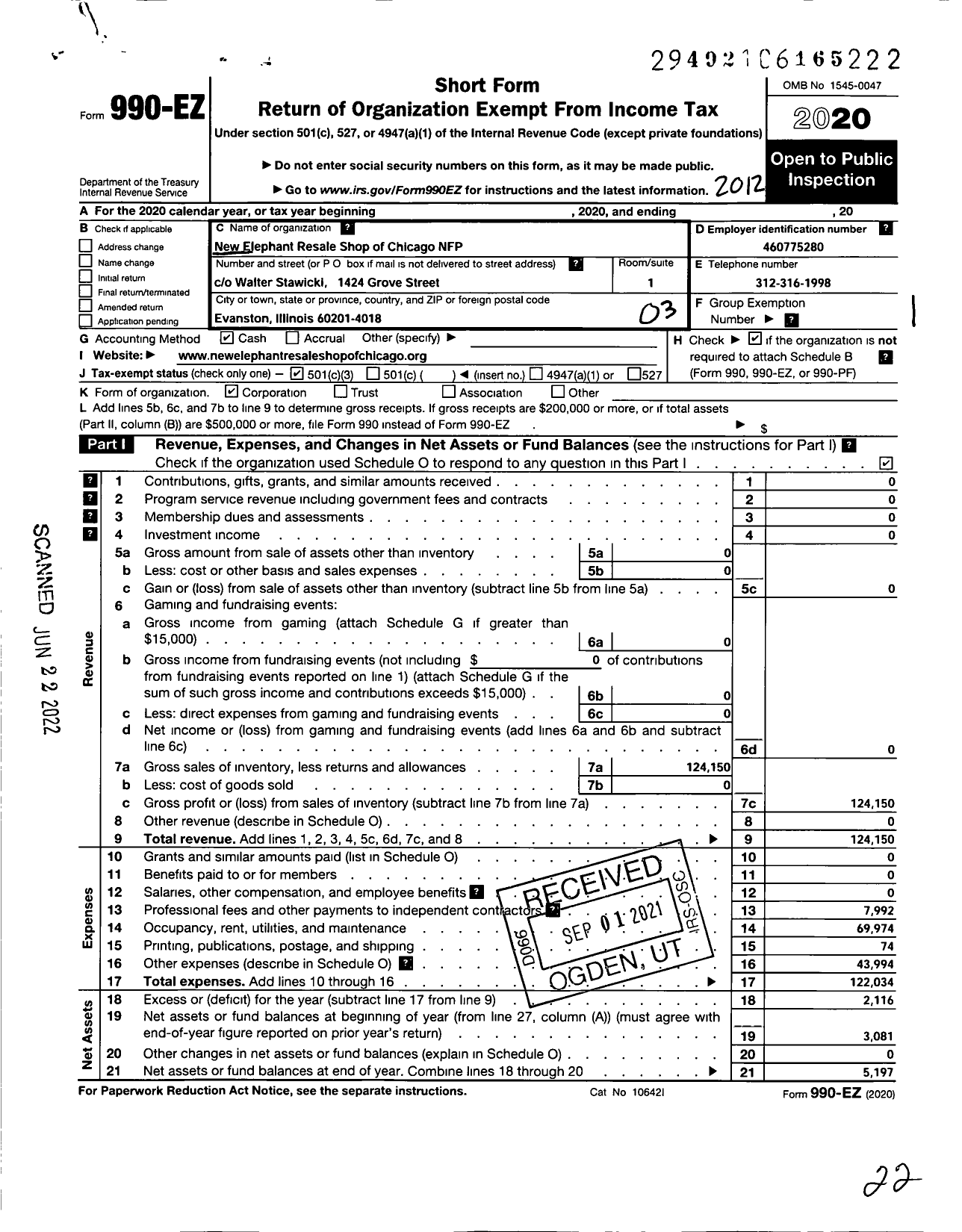 Image of first page of 2020 Form 990EZ for New Elephant Resale Shop of Chicago NFP