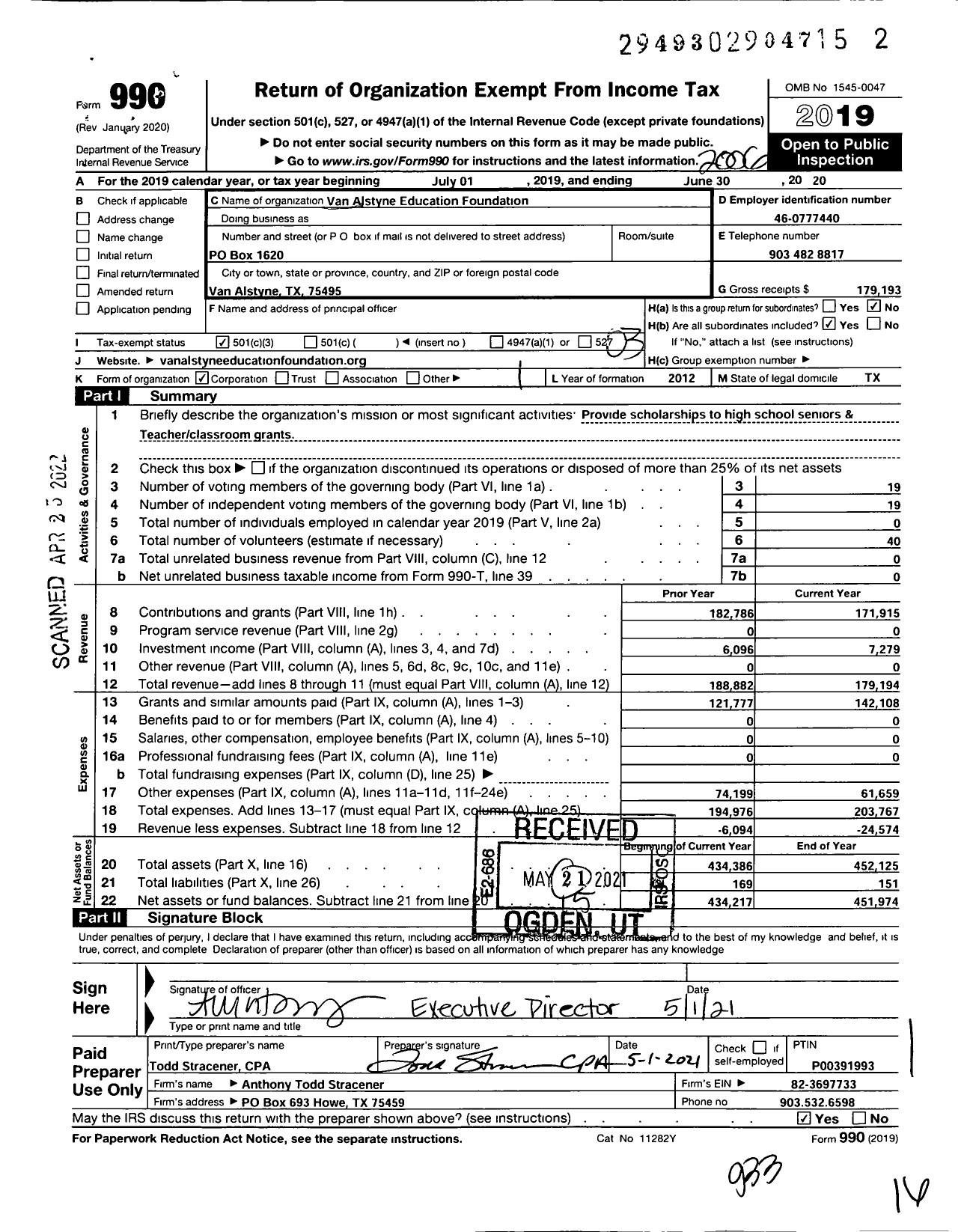 Image of first page of 2019 Form 990 for Van Alstyne Education Foundation