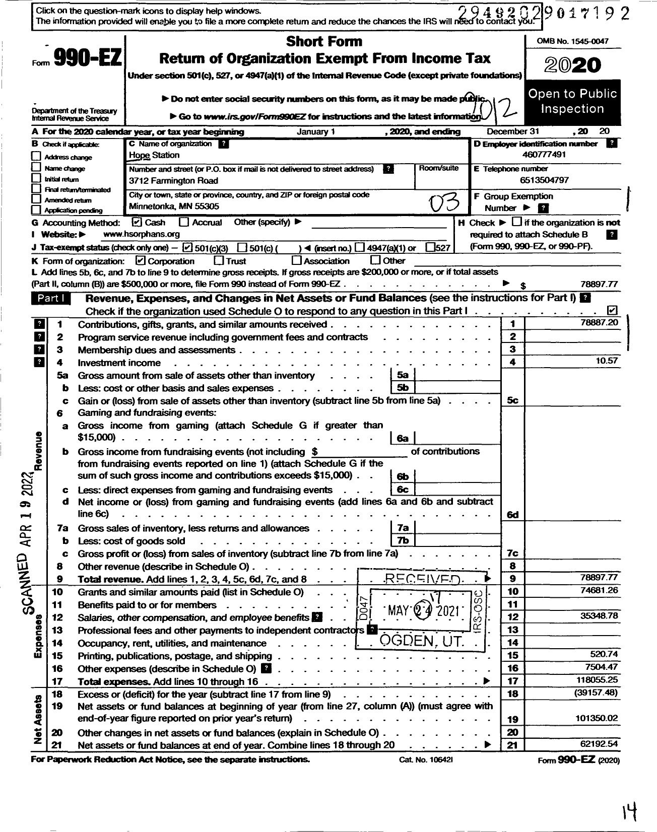 Image of first page of 2020 Form 990EZ for Hope Station