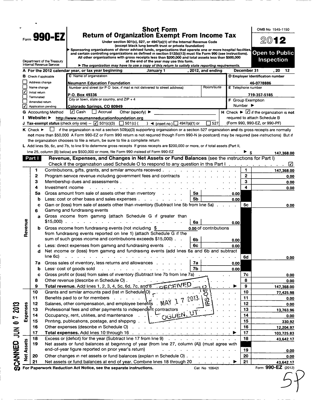 Image of first page of 2012 Form 990EZ for International Center for Carbon Capture and Use