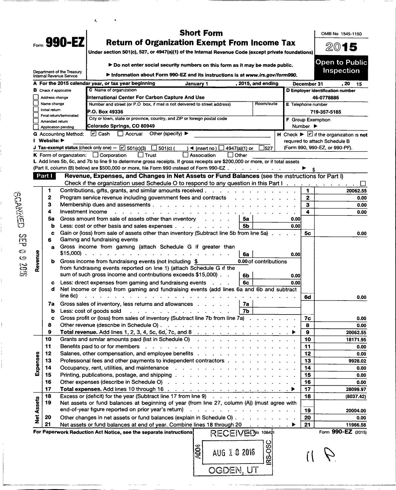 Image of first page of 2015 Form 990EZ for International Center for Carbon Capture and Use