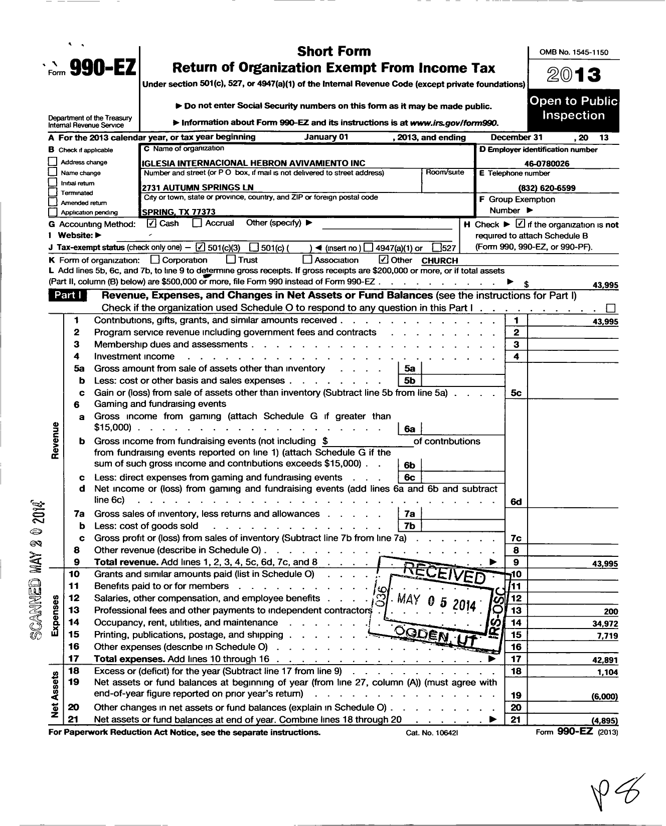 Image of first page of 2013 Form 990EZ for Iglesia Casa de Avivamiento Mundial