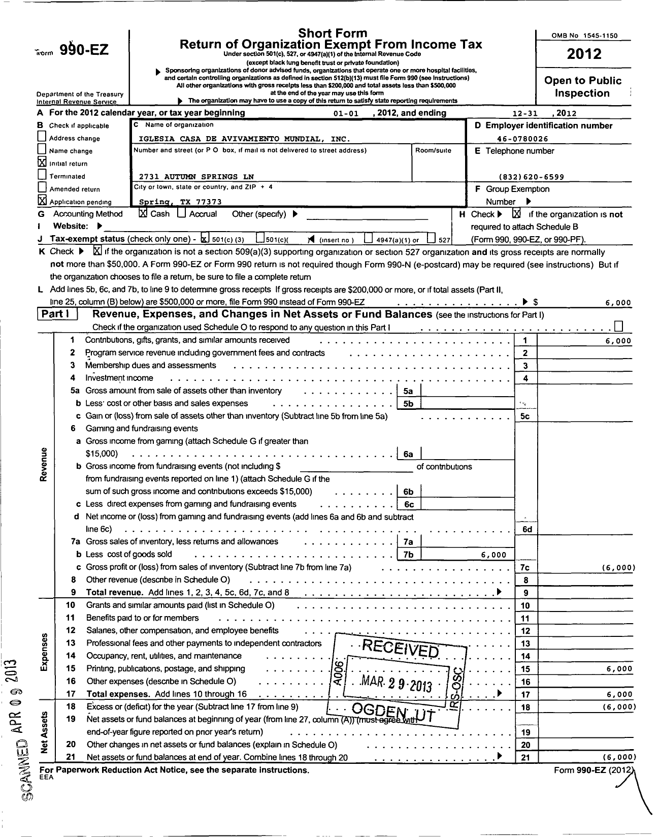 Image of first page of 2012 Form 990EZ for Iglesia Casa de Avivamiento Mundial