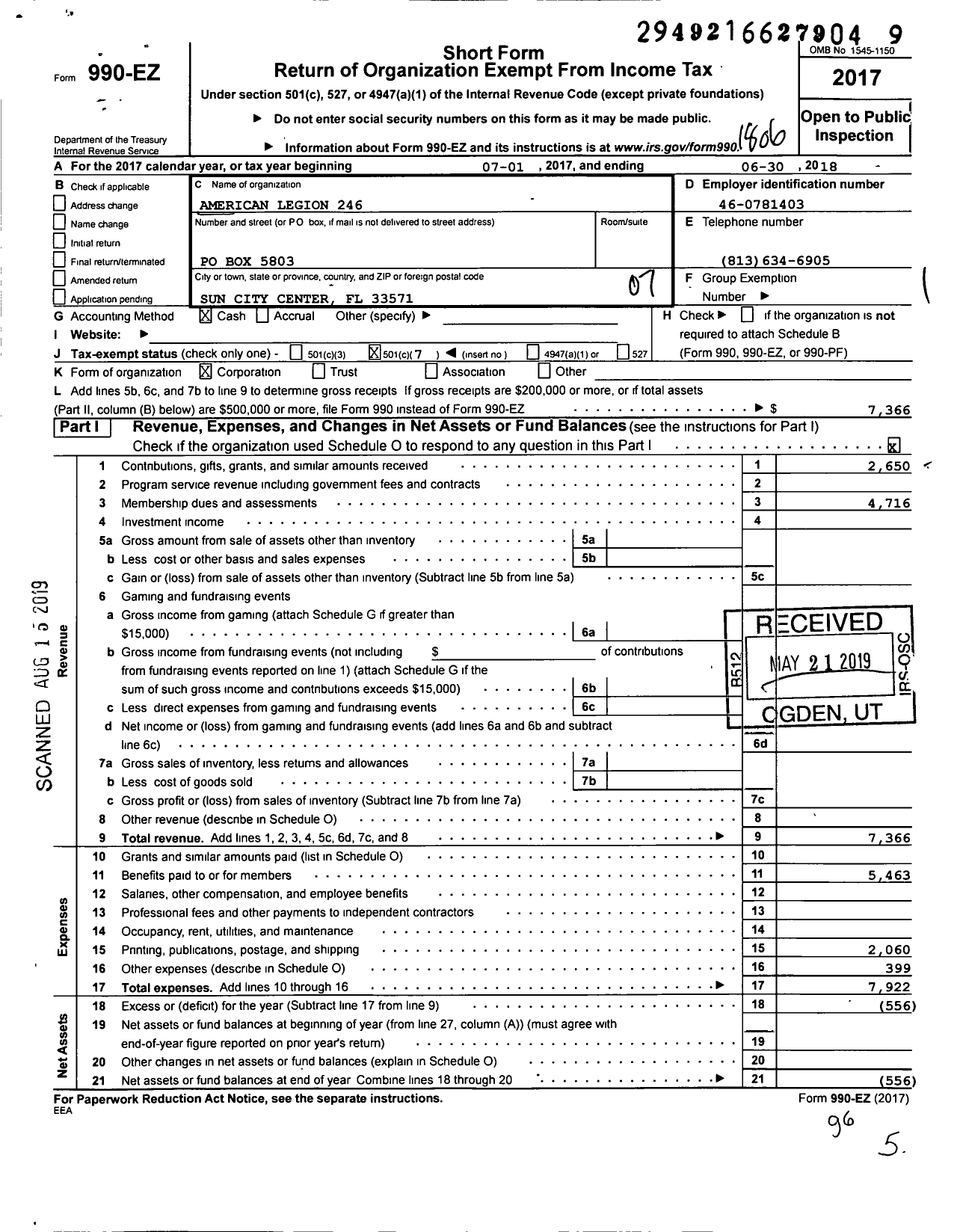 Image of first page of 2017 Form 990EO for American Legion - 246 Sun City Center