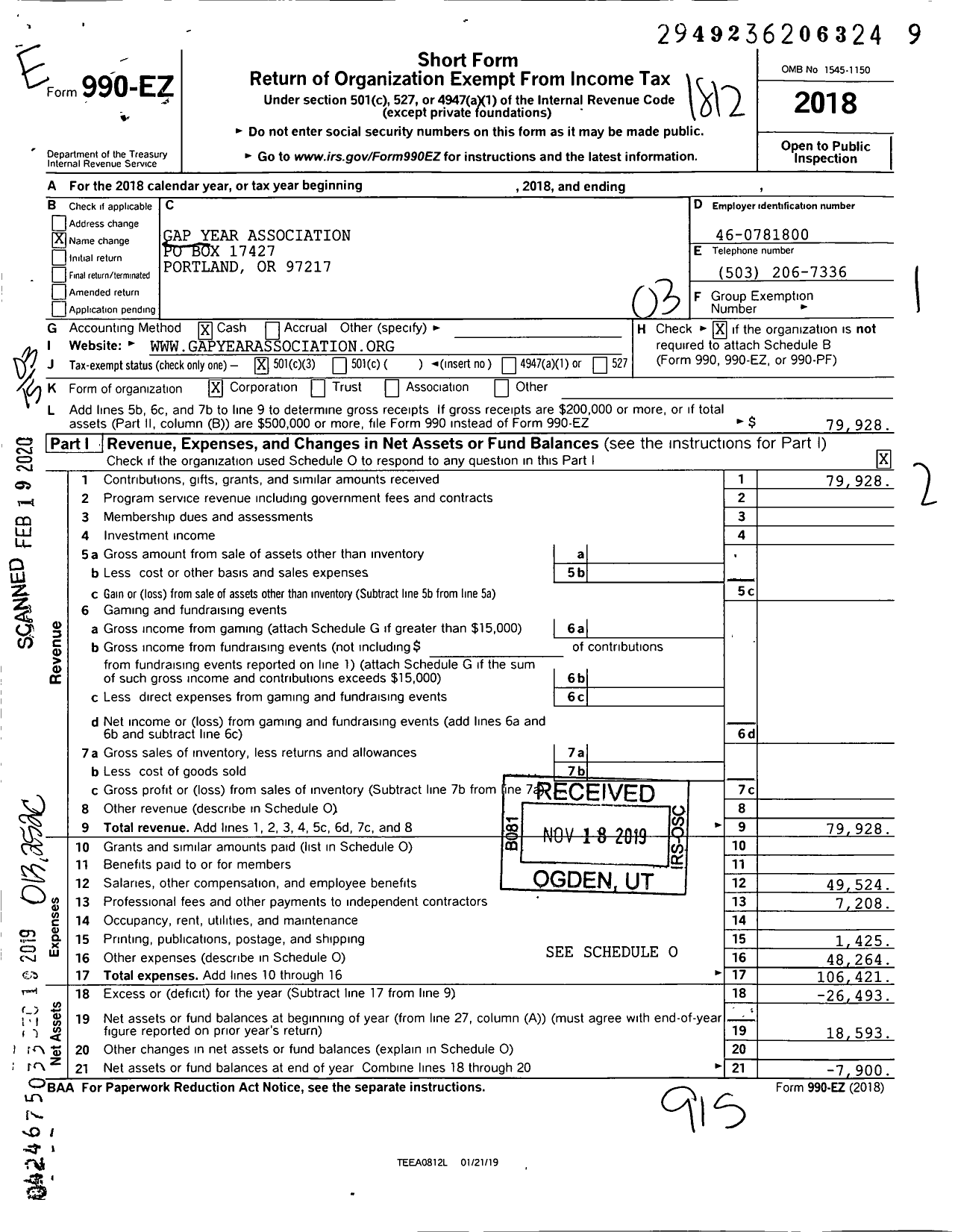 Image of first page of 2018 Form 990EZ for Gap Year Association