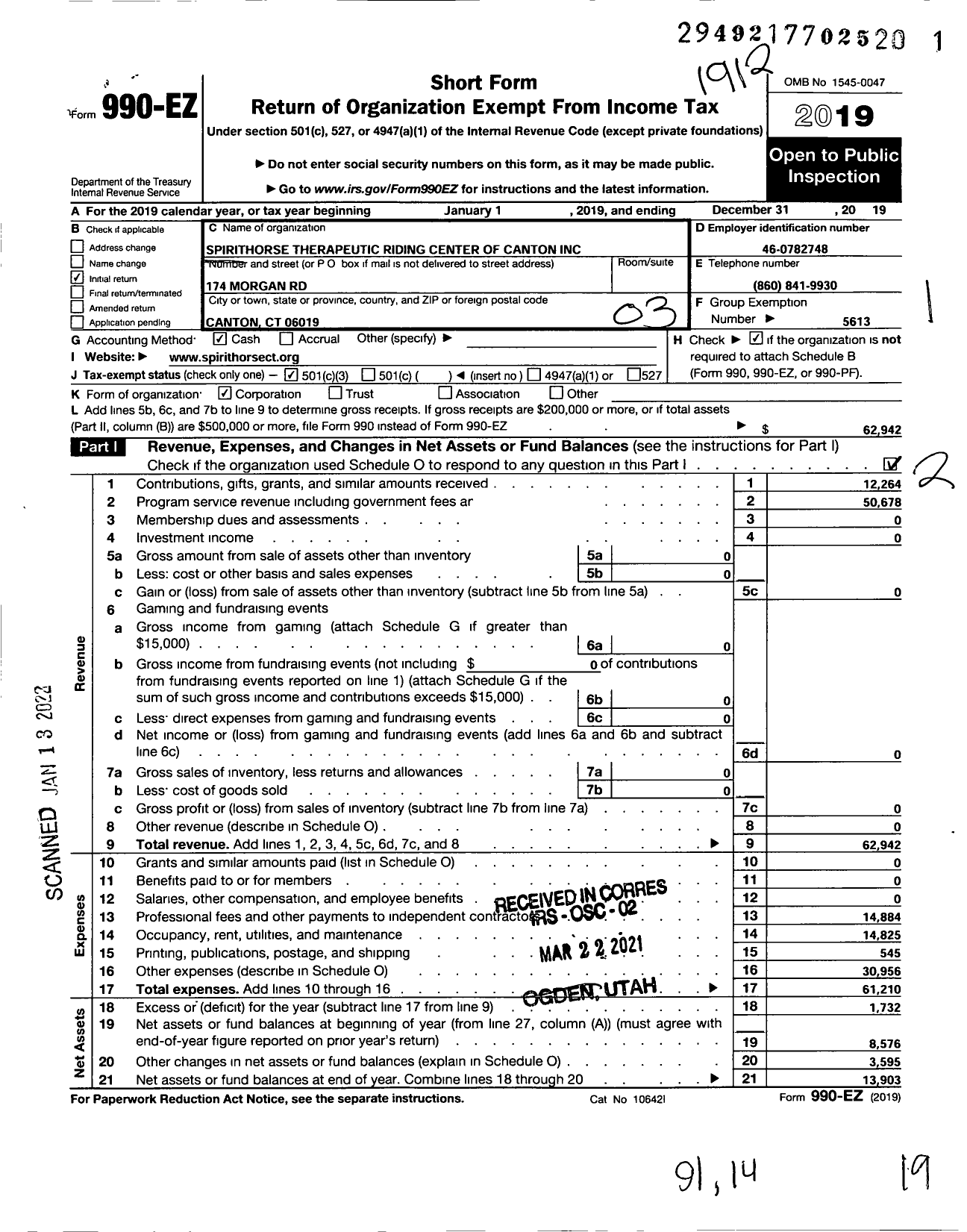 Image of first page of 2019 Form 990EZ for Spirithorse Horse Therapeutic Riding Center