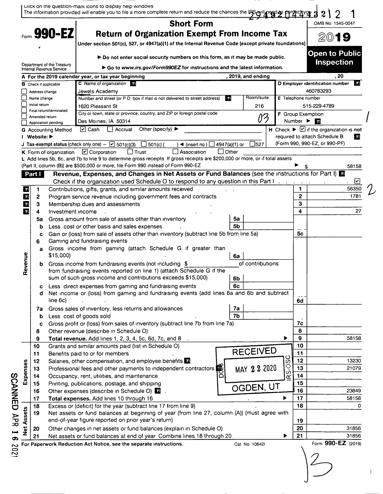 Image of first page of 2019 Form 990EZ for Jewels Academy