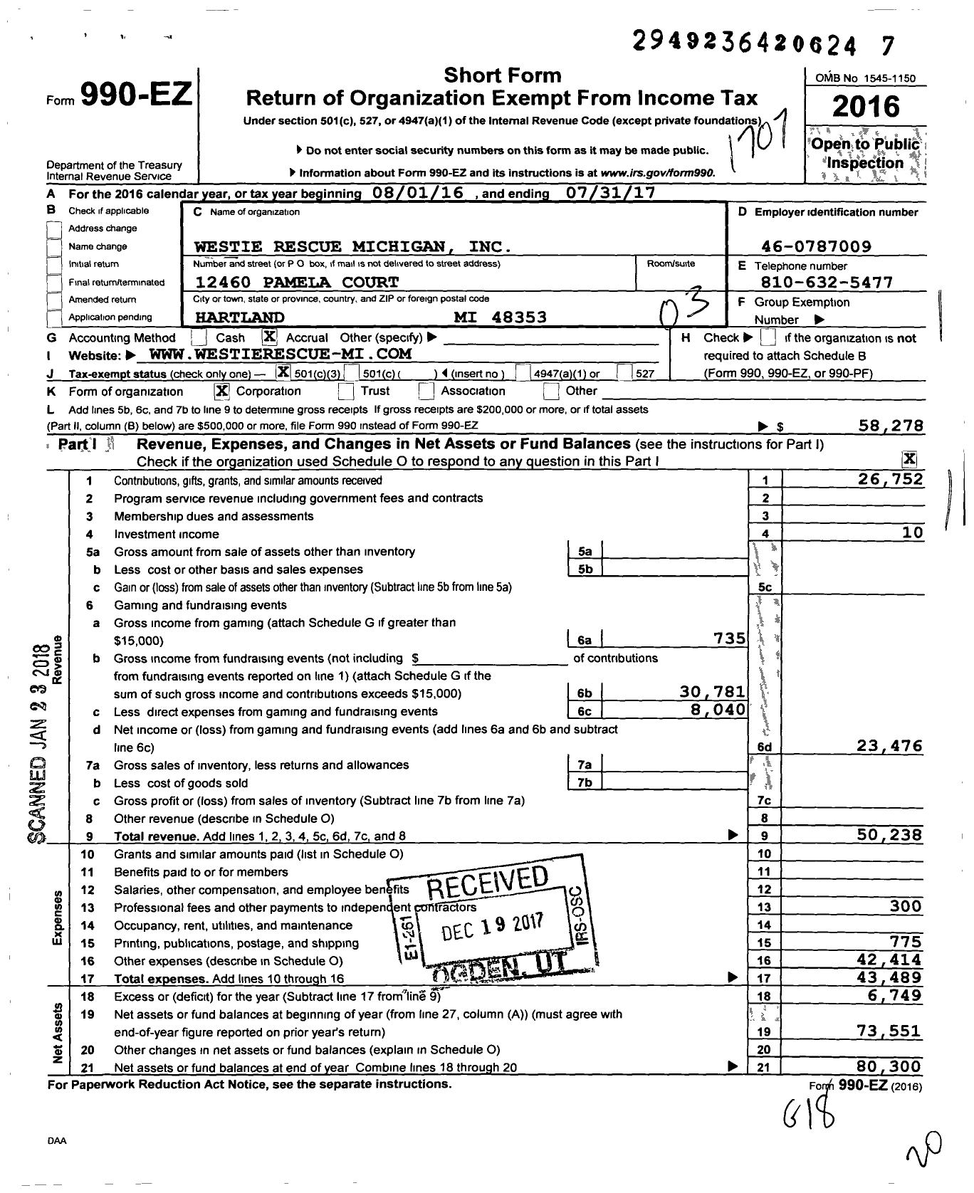 Image of first page of 2016 Form 990EZ for Westie Rescue Michigan