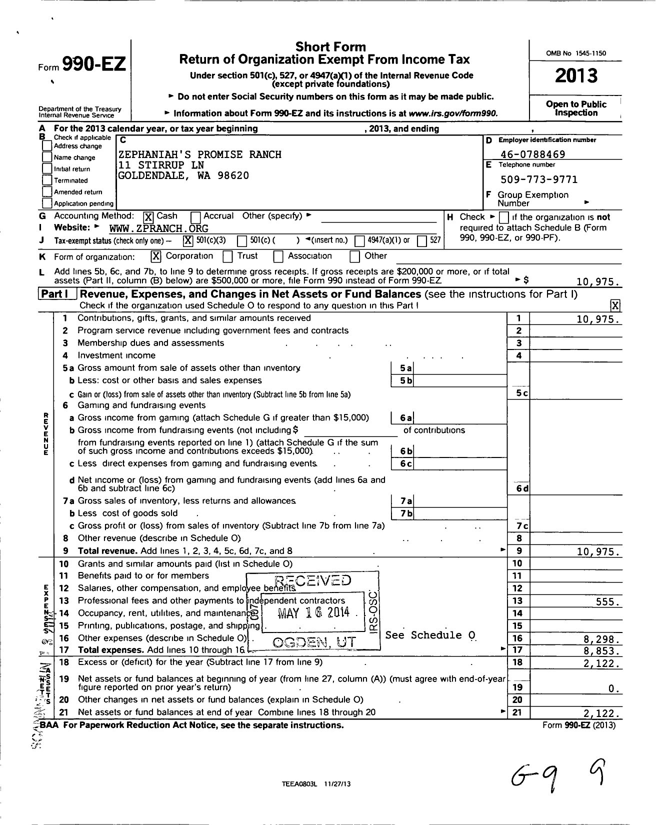 Image of first page of 2013 Form 990EZ for Zephaniahs Promise Ranch