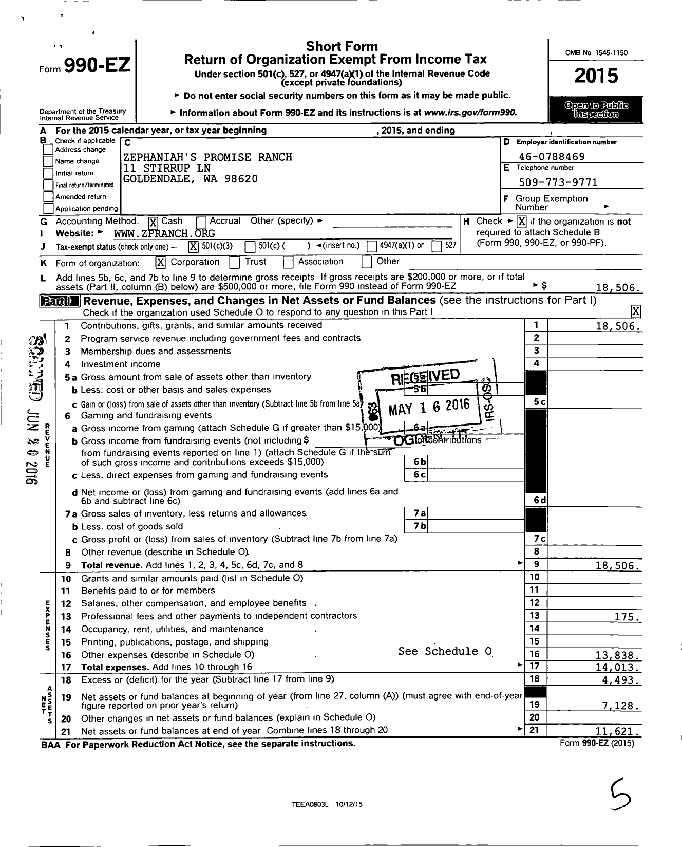 Image of first page of 2015 Form 990EZ for Zephaniahs Promise Ranch