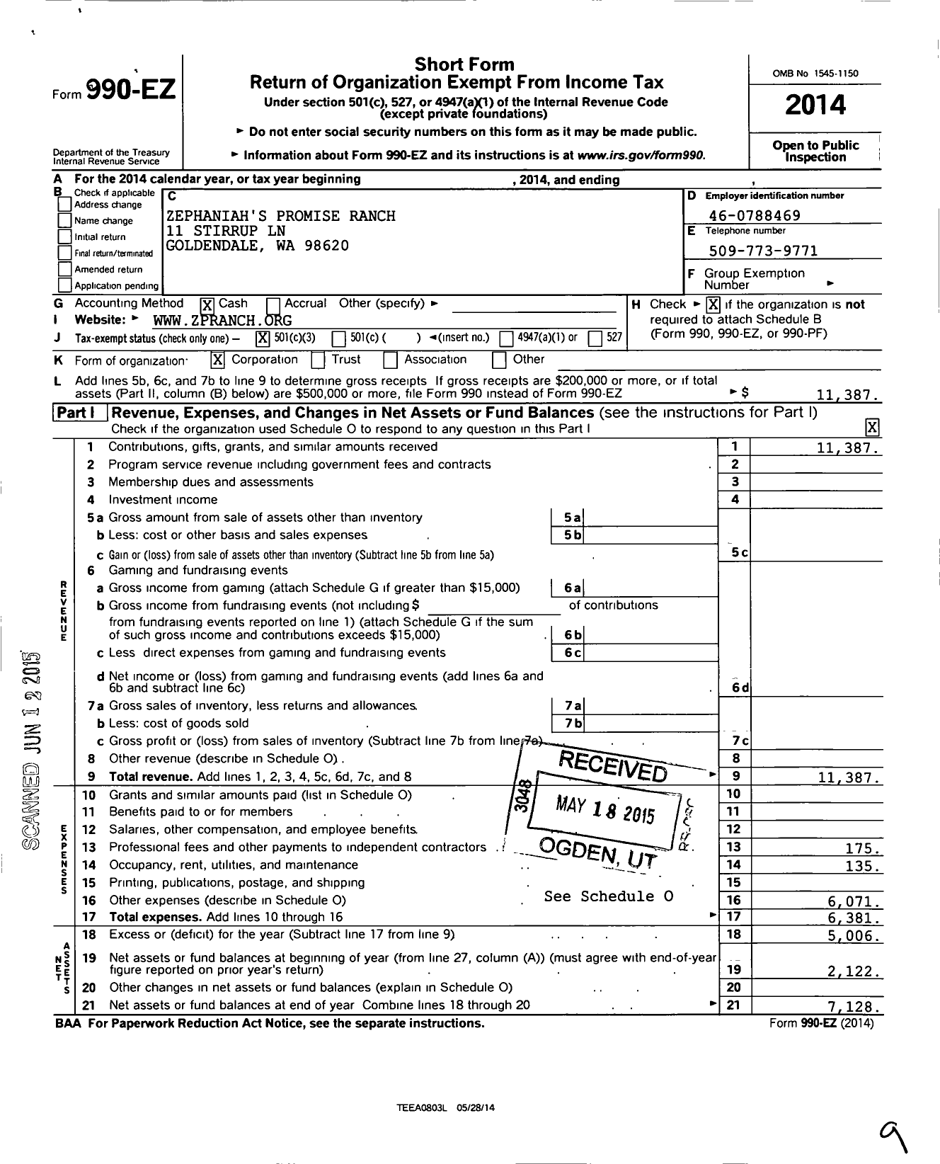 Image of first page of 2014 Form 990EZ for Zephaniahs Promise Ranch