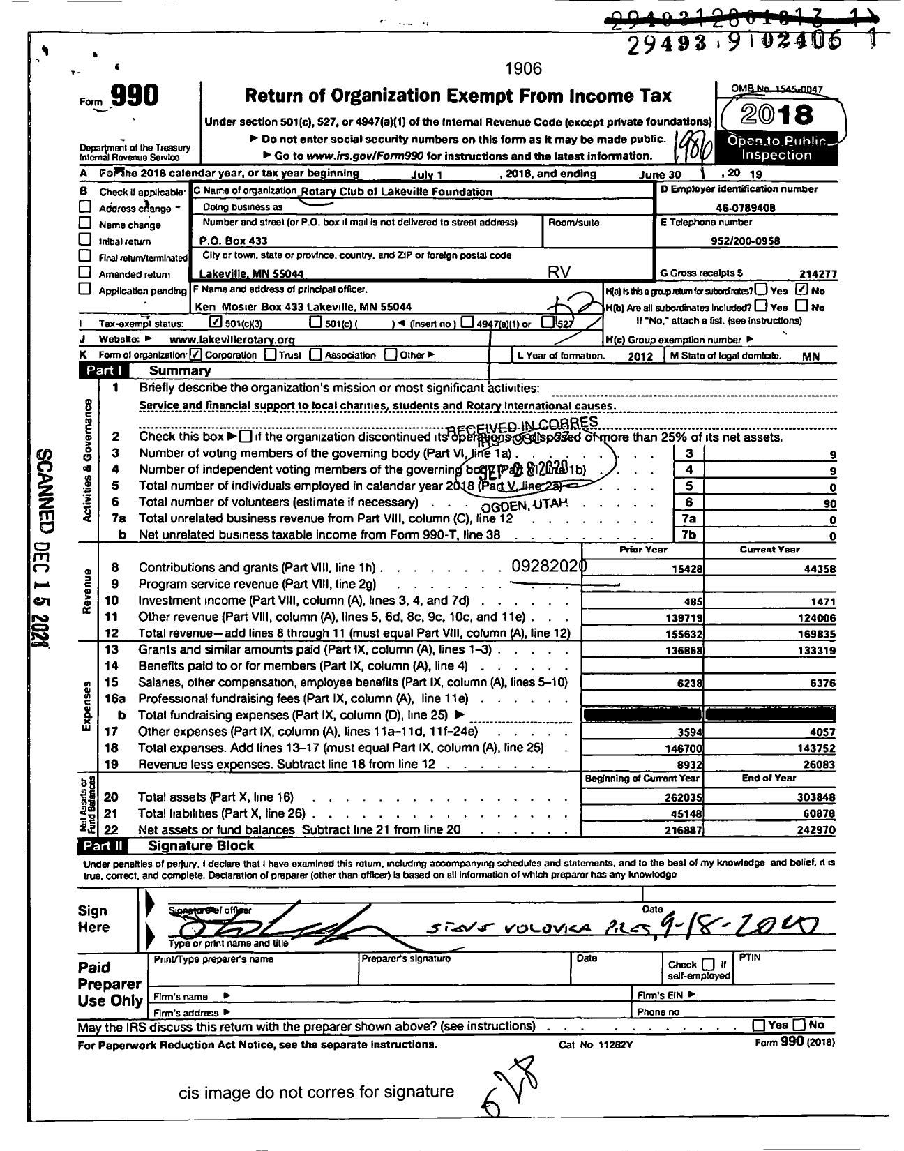 Image of first page of 2018 Form 990 for Rotary Club of Lakeville Foundation