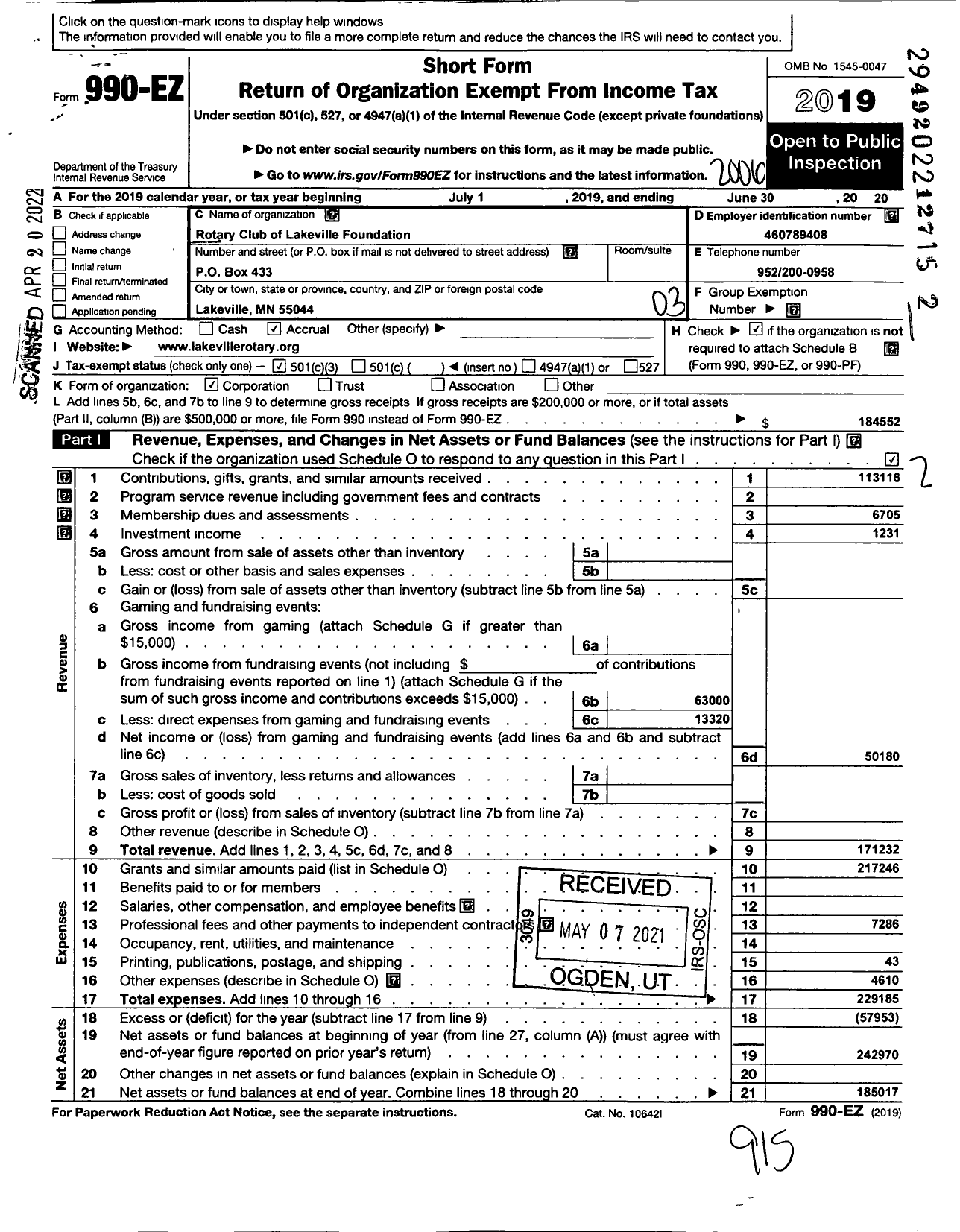 Image of first page of 2019 Form 990EZ for Rotary Club of Lakeville Foundation