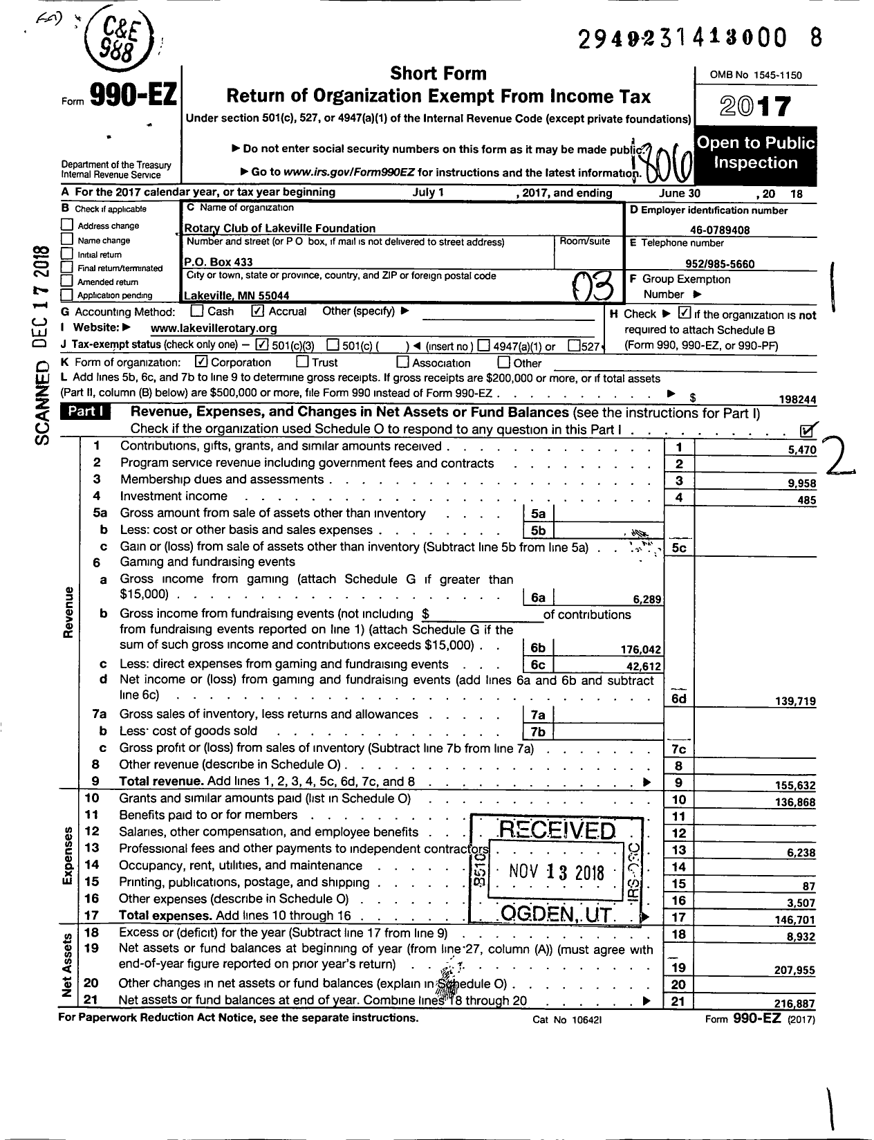 Image of first page of 2017 Form 990EZ for Rotary Club of Lakeville Foundation