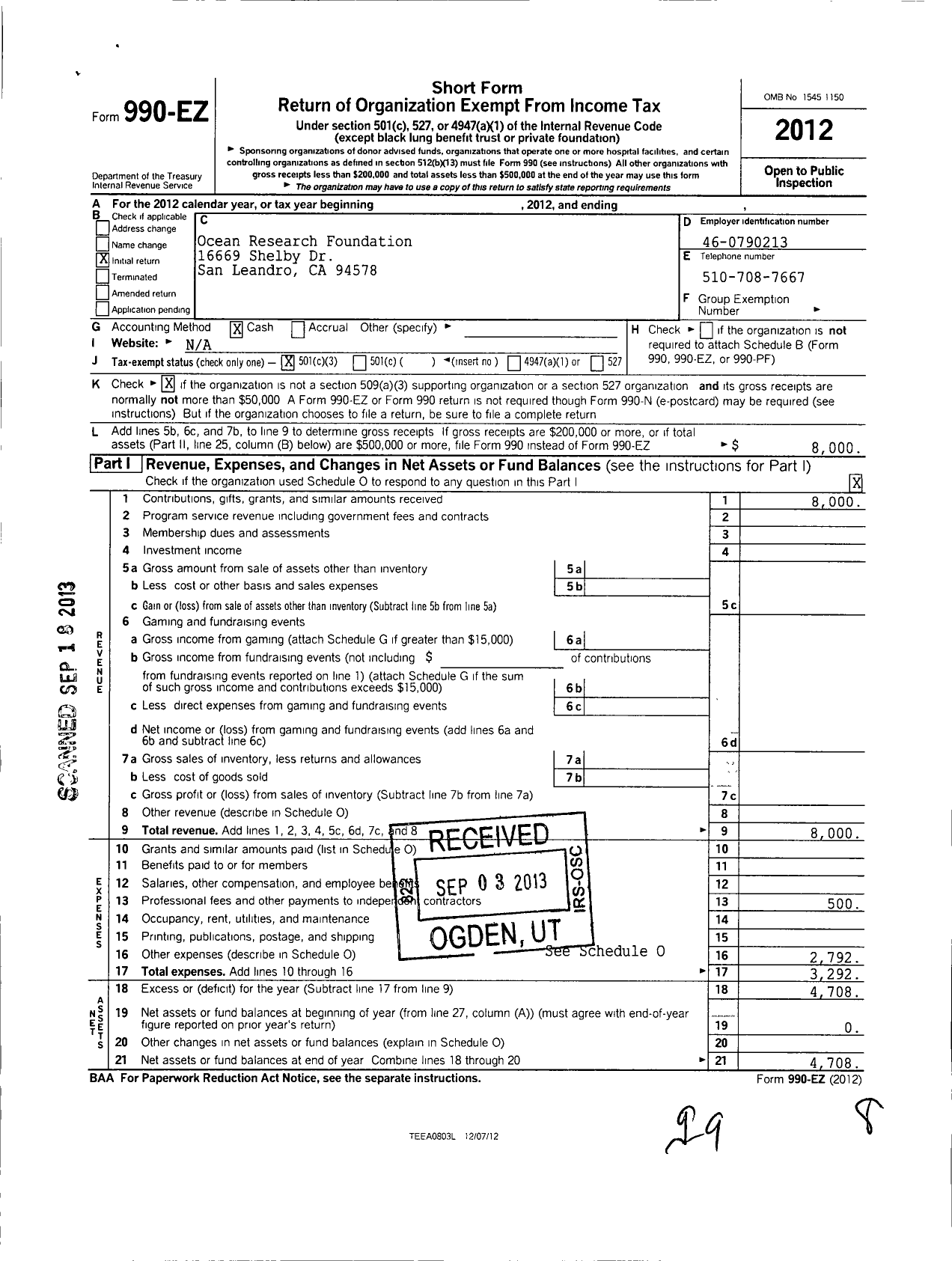 Image of first page of 2012 Form 990EZ for Ocean Research Foundation