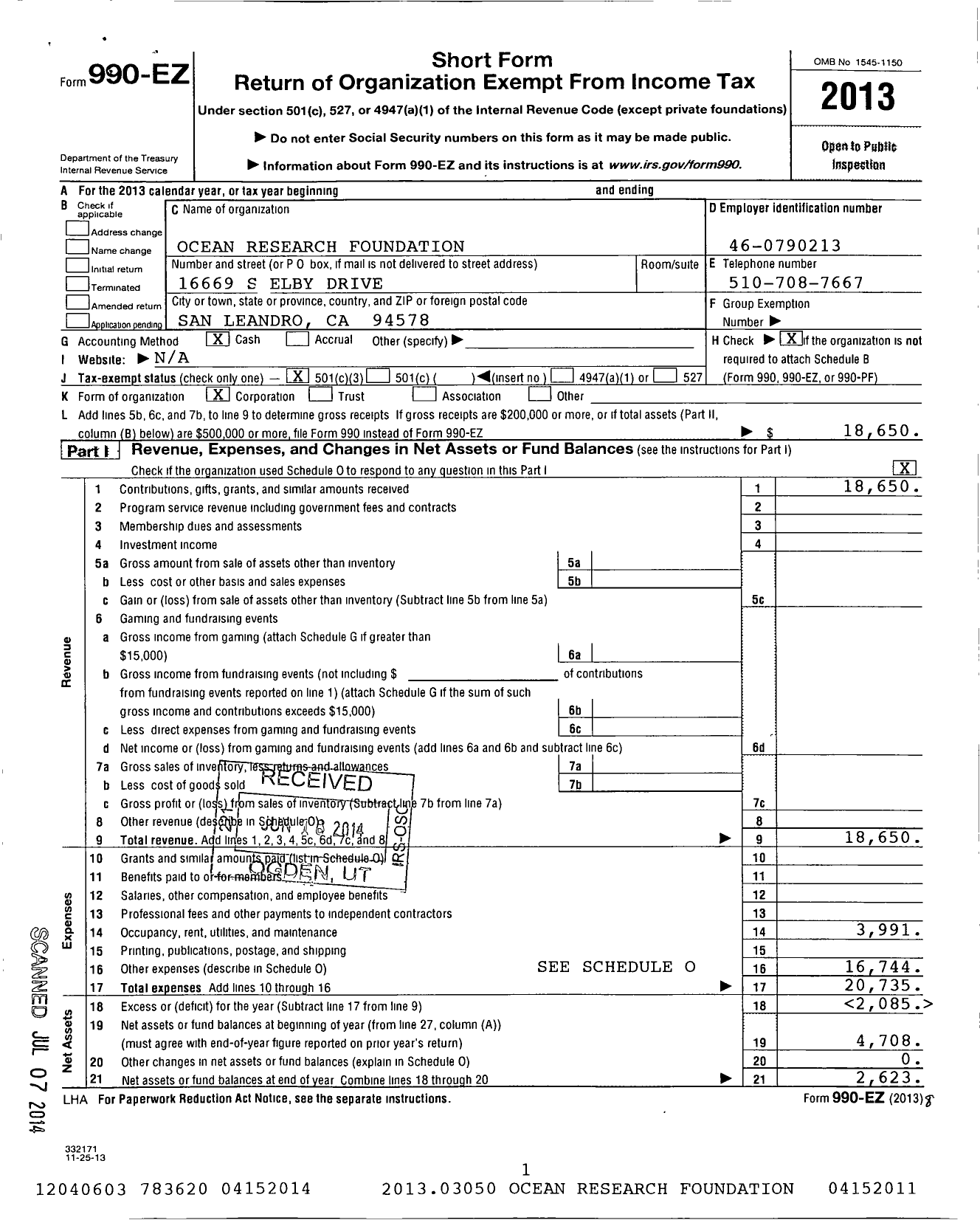 Image of first page of 2013 Form 990EZ for Ocean Research Foundation