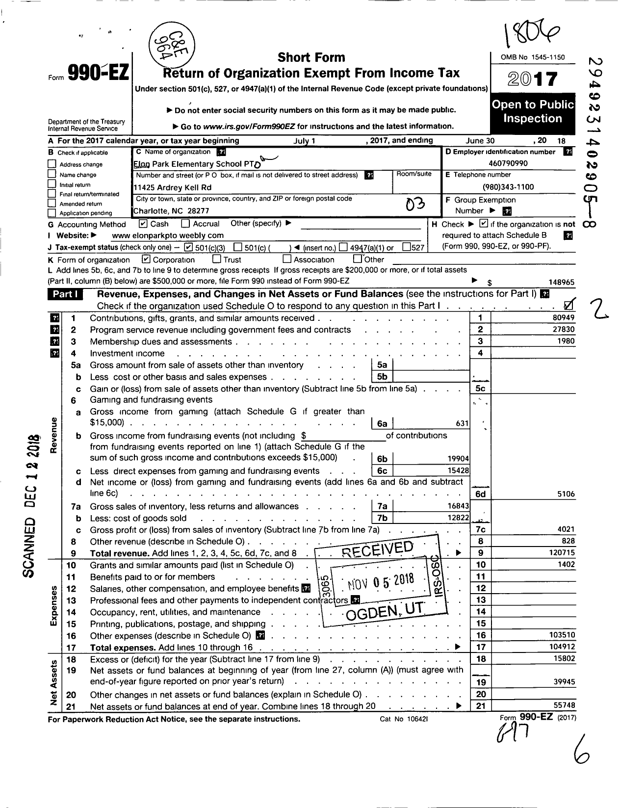 Image of first page of 2017 Form 990EZ for Elon Park Elementary School PTO