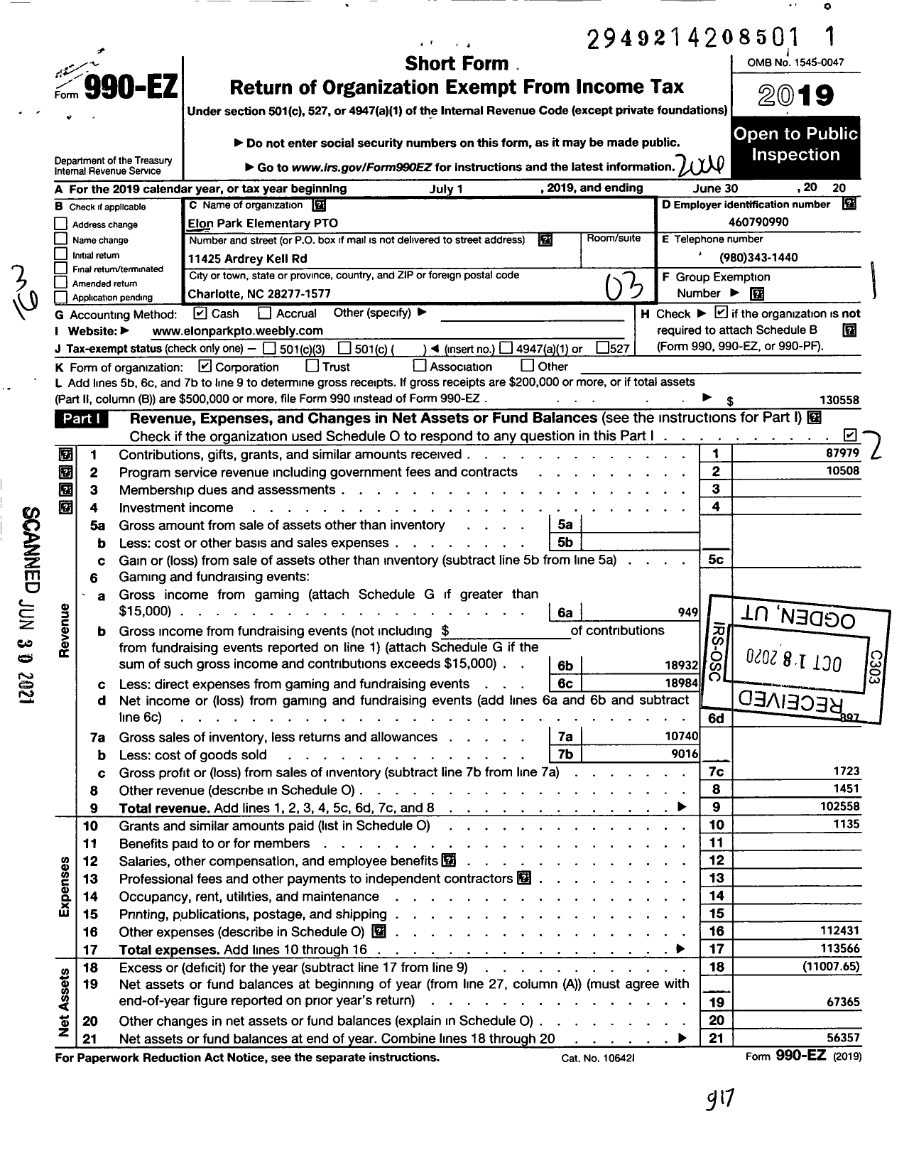 Image of first page of 2019 Form 990EZ for Elon Park Elementary School PTO