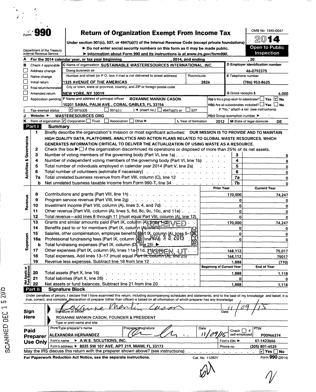 Image of first page of 2014 Form 990 for Sustainable Wasteresources International