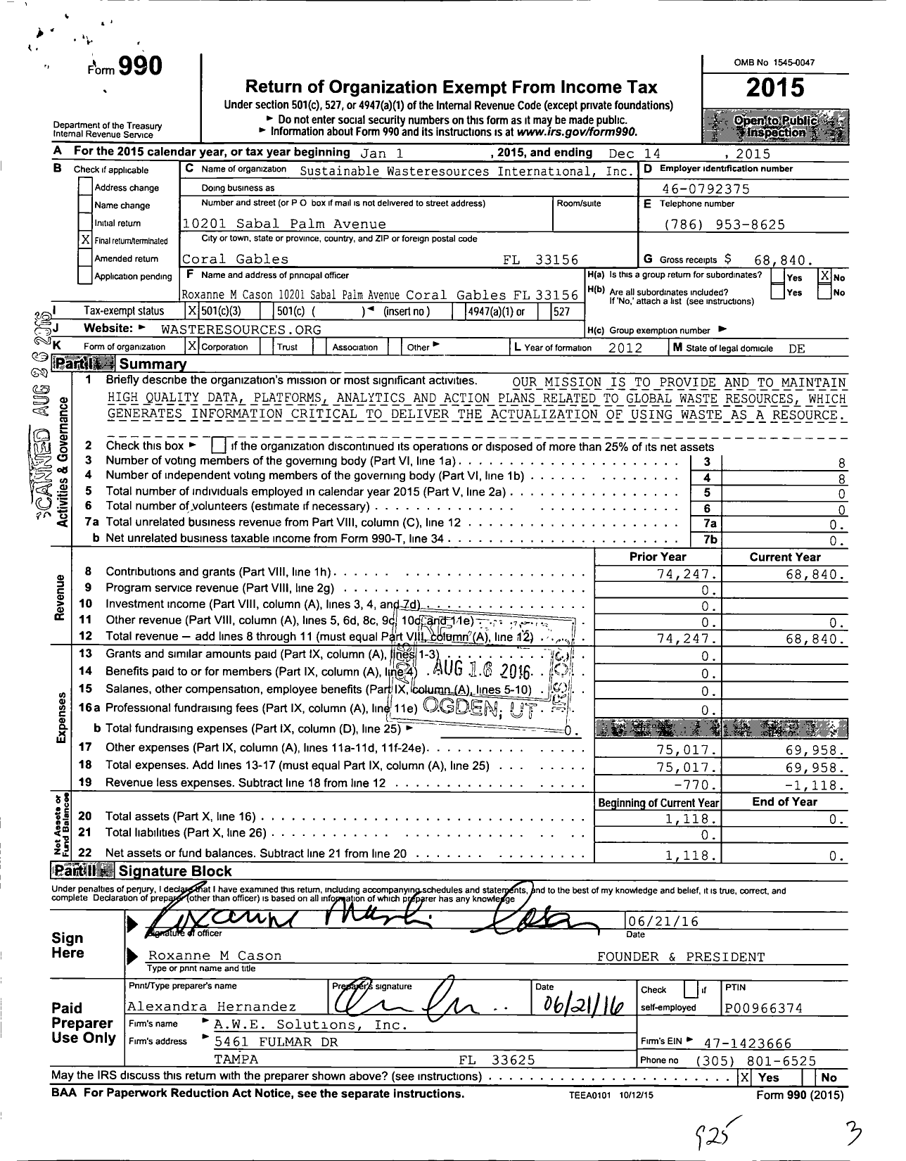 Image of first page of 2015 Form 990 for Sustainable Wasteresources International