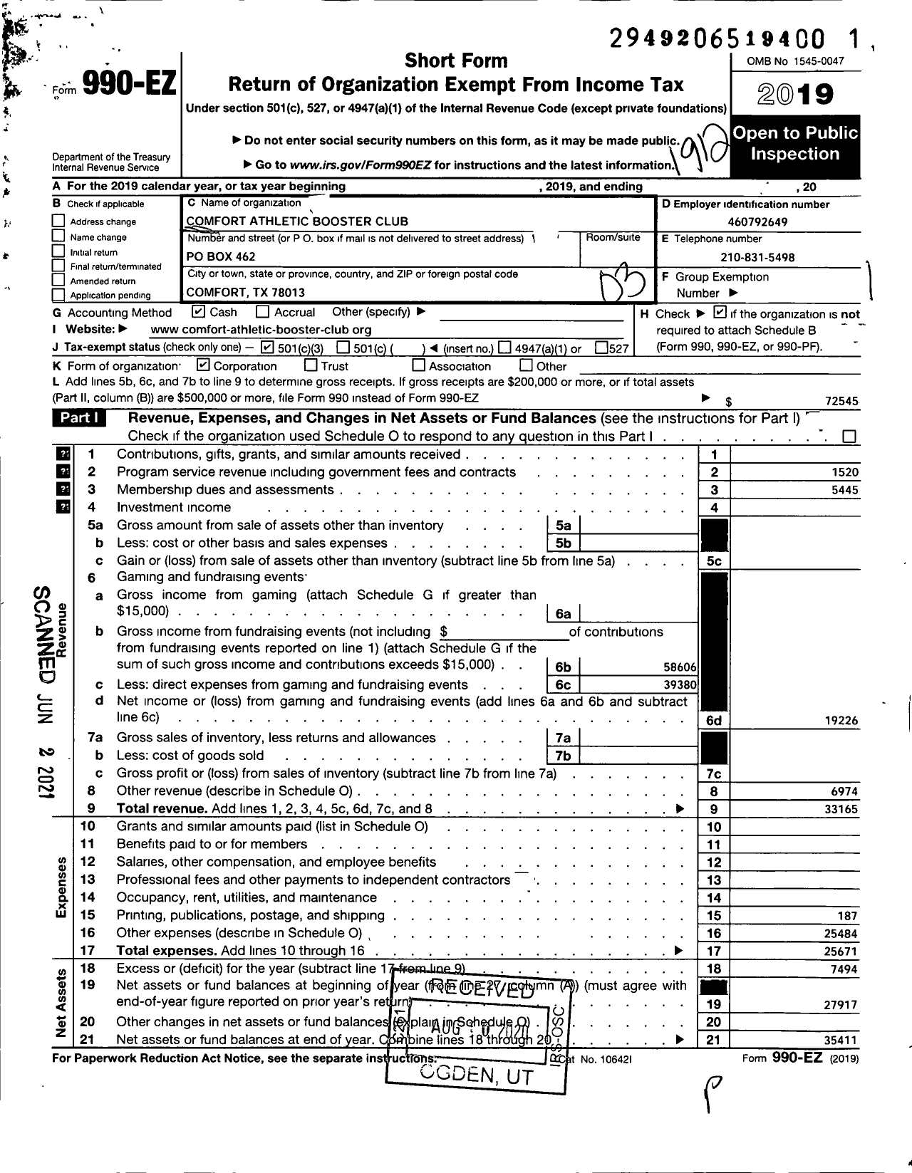 Image of first page of 2019 Form 990EZ for Comfort Athletic Booster Club