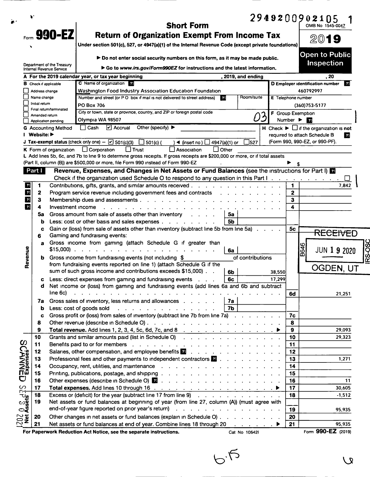 Image of first page of 2019 Form 990EZ for Washington Food Industry Association Educational Foundation