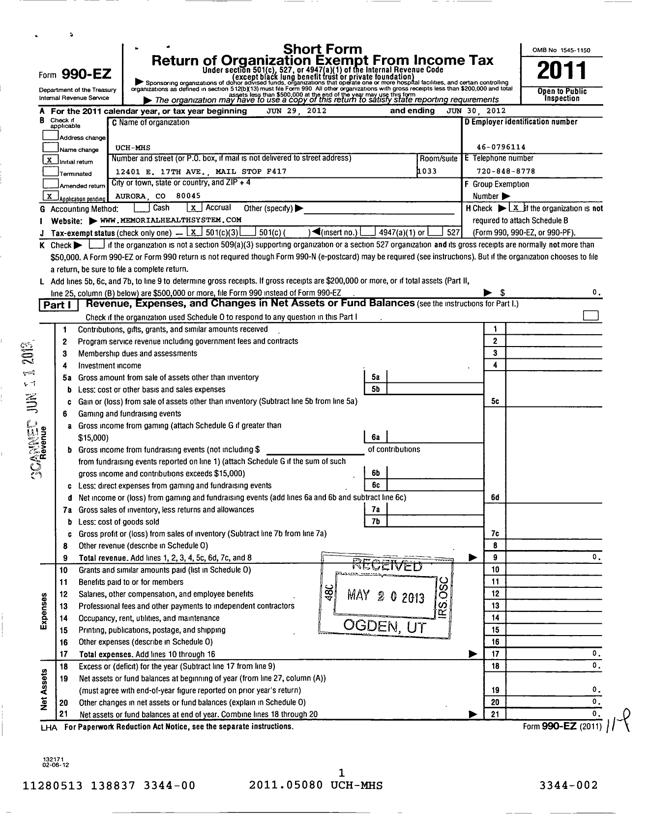 Image of first page of 2011 Form 990EZ for UCHealth Memorial Hospital Central