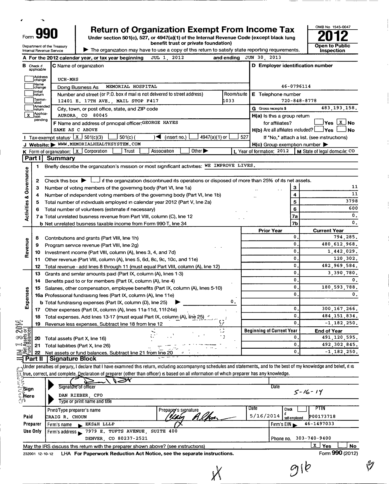 Image of first page of 2012 Form 990 for UCHealth Memorial Hospital Central