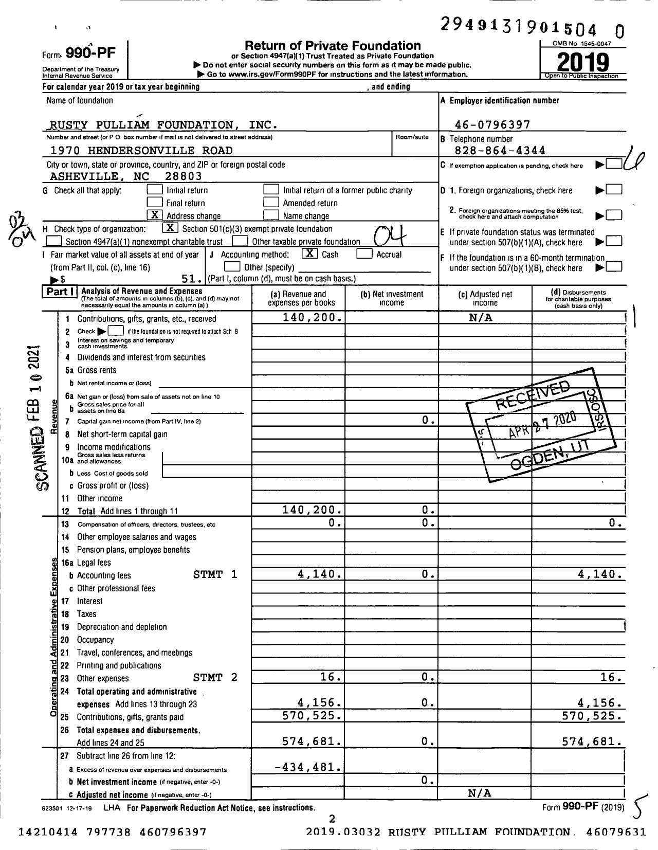 Image of first page of 2019 Form 990PF for Rusty Pulliam Foundation