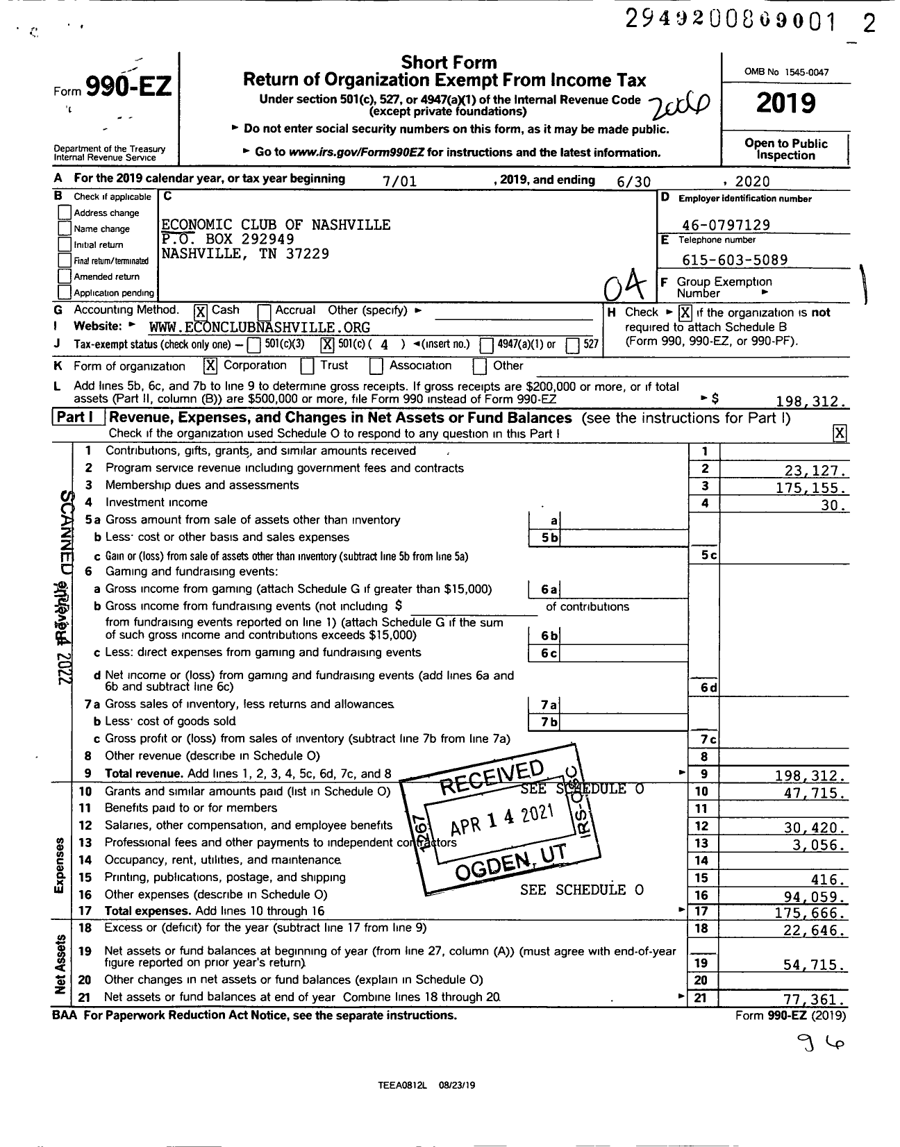 Image of first page of 2019 Form 990EO for Economic Club of Nashville