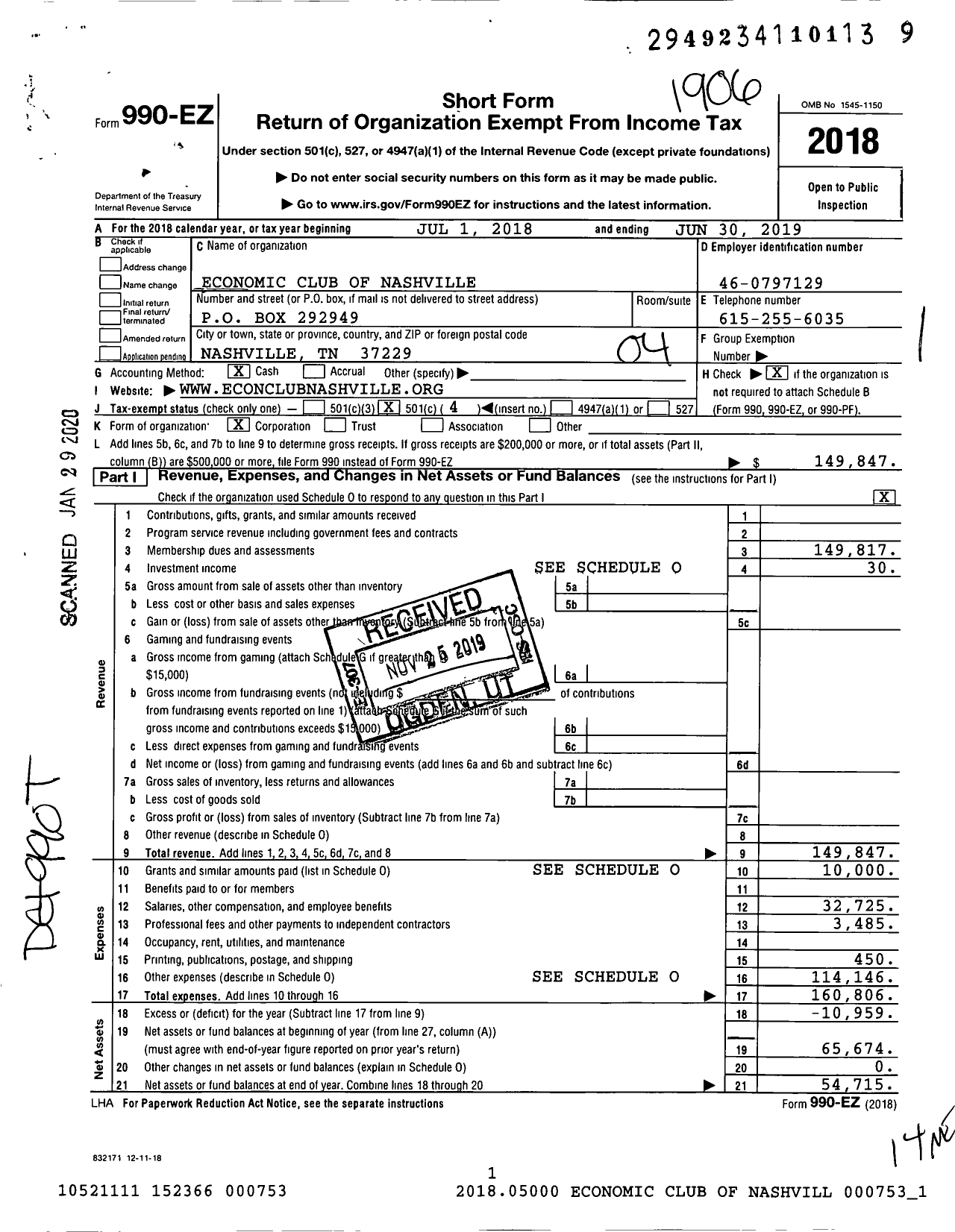 Image of first page of 2018 Form 990EO for Economic Club of Nashville