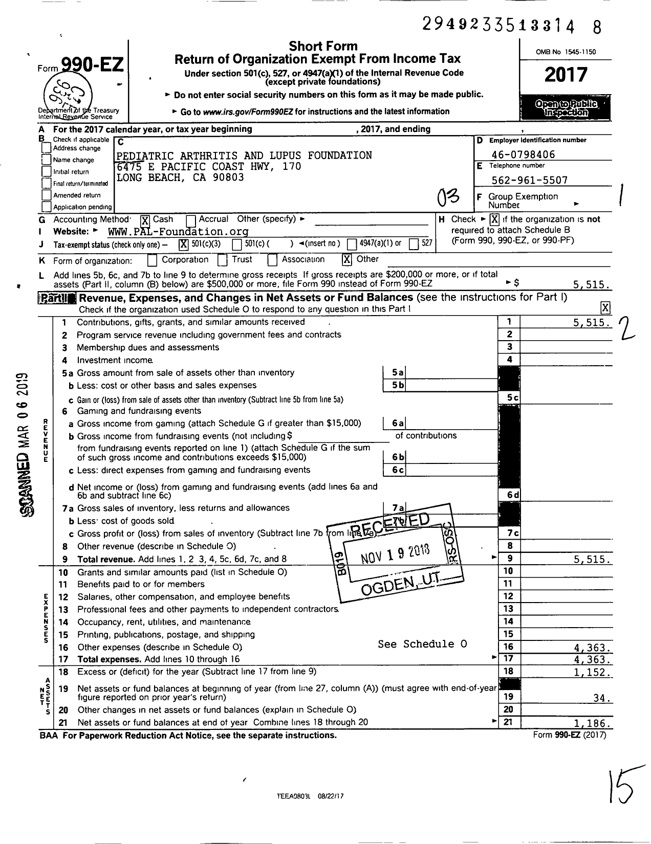 Image of first page of 2017 Form 990EZ for Pediatric Arthritis and Lupus Foundation