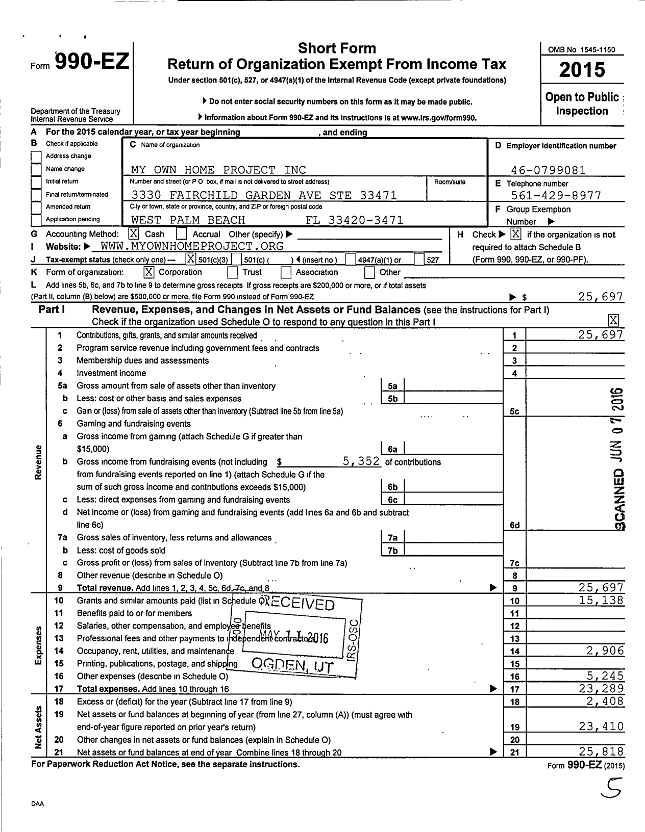 Image of first page of 2015 Form 990EZ for My Own Home Project