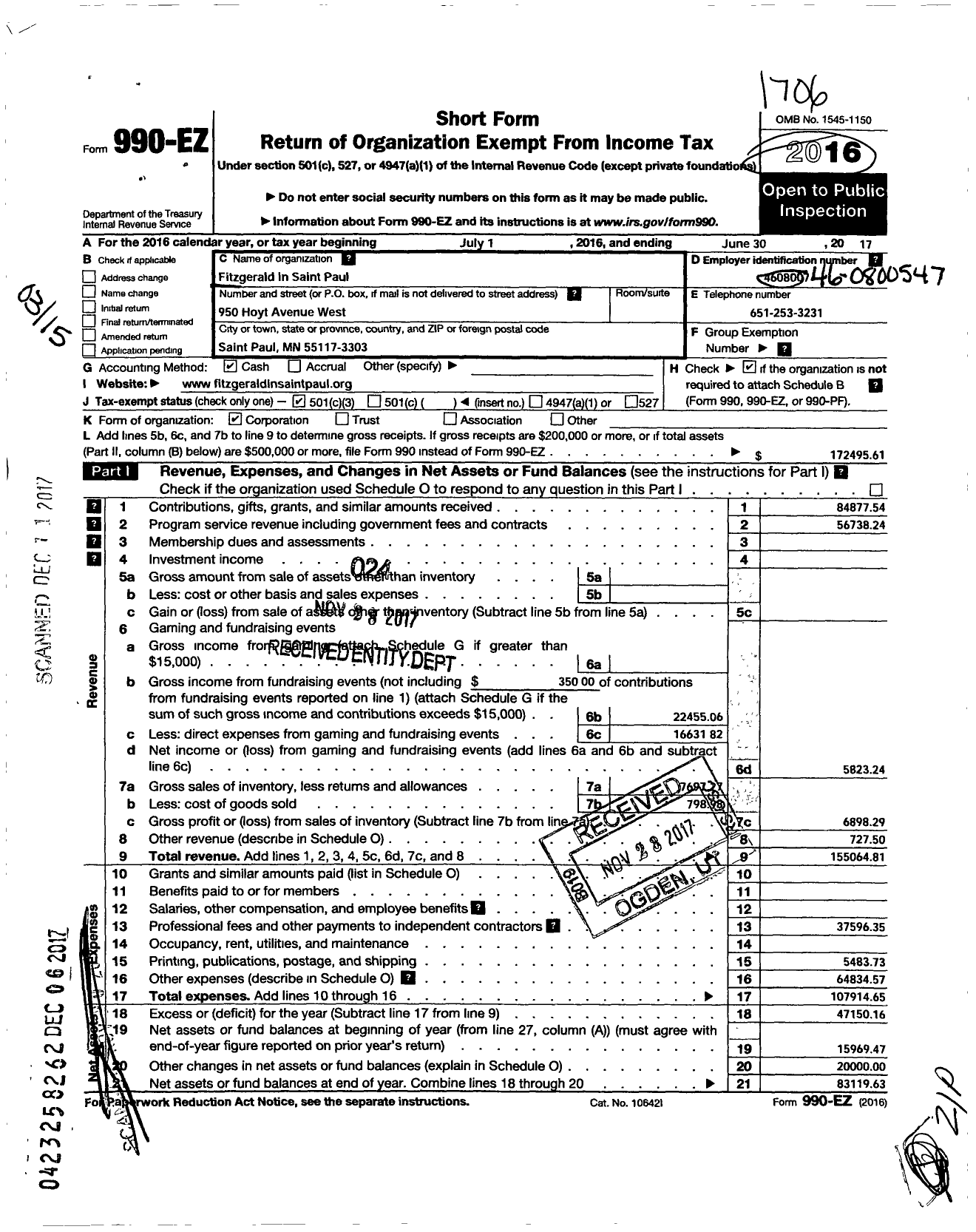 Image of first page of 2016 Form 990EZ for Fitzgerald in Saint Paul