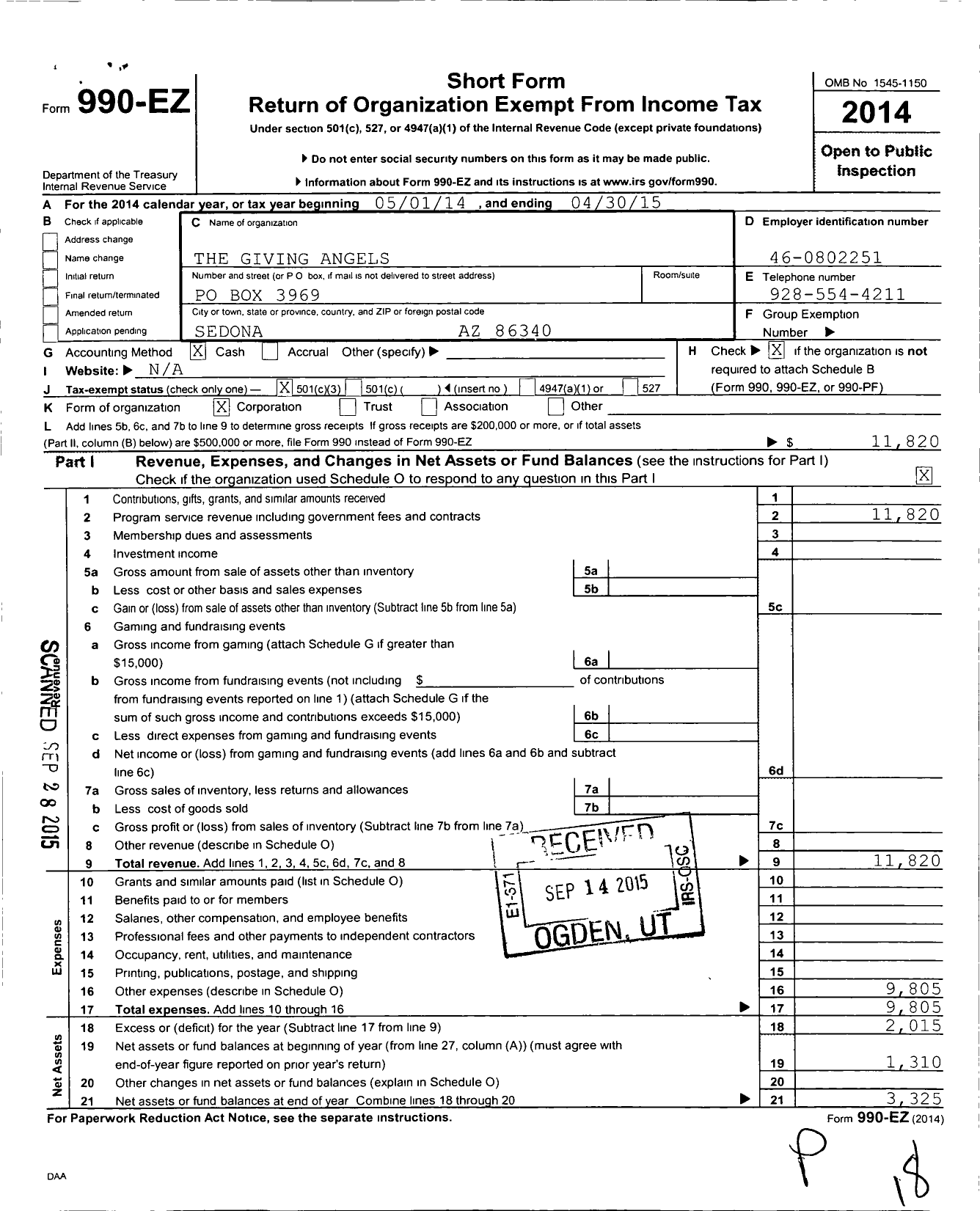 Image of first page of 2014 Form 990EZ for The Giving Angels