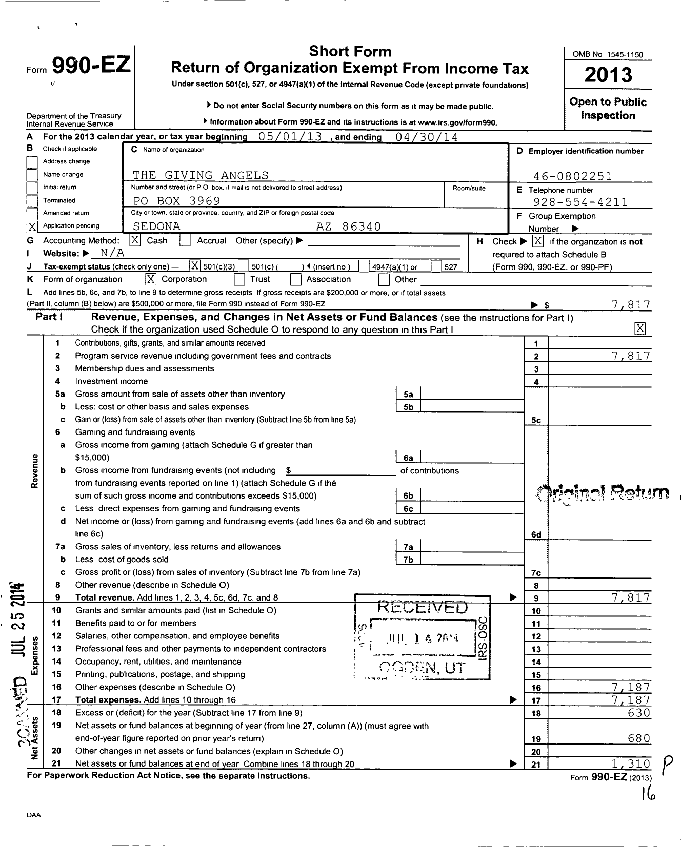 Image of first page of 2013 Form 990EZ for The Giving Angels