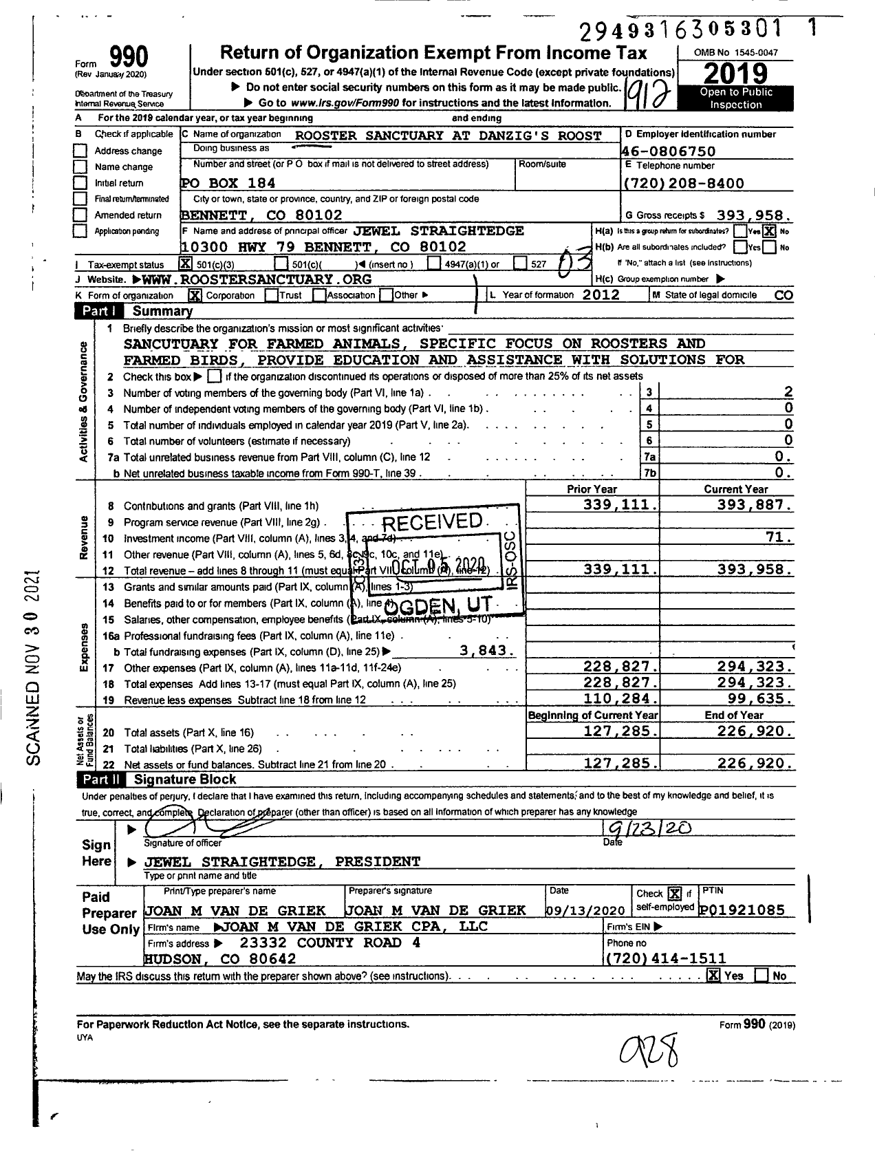 Image of first page of 2019 Form 990 for Rooster Sanctuary at Danzig's Roost