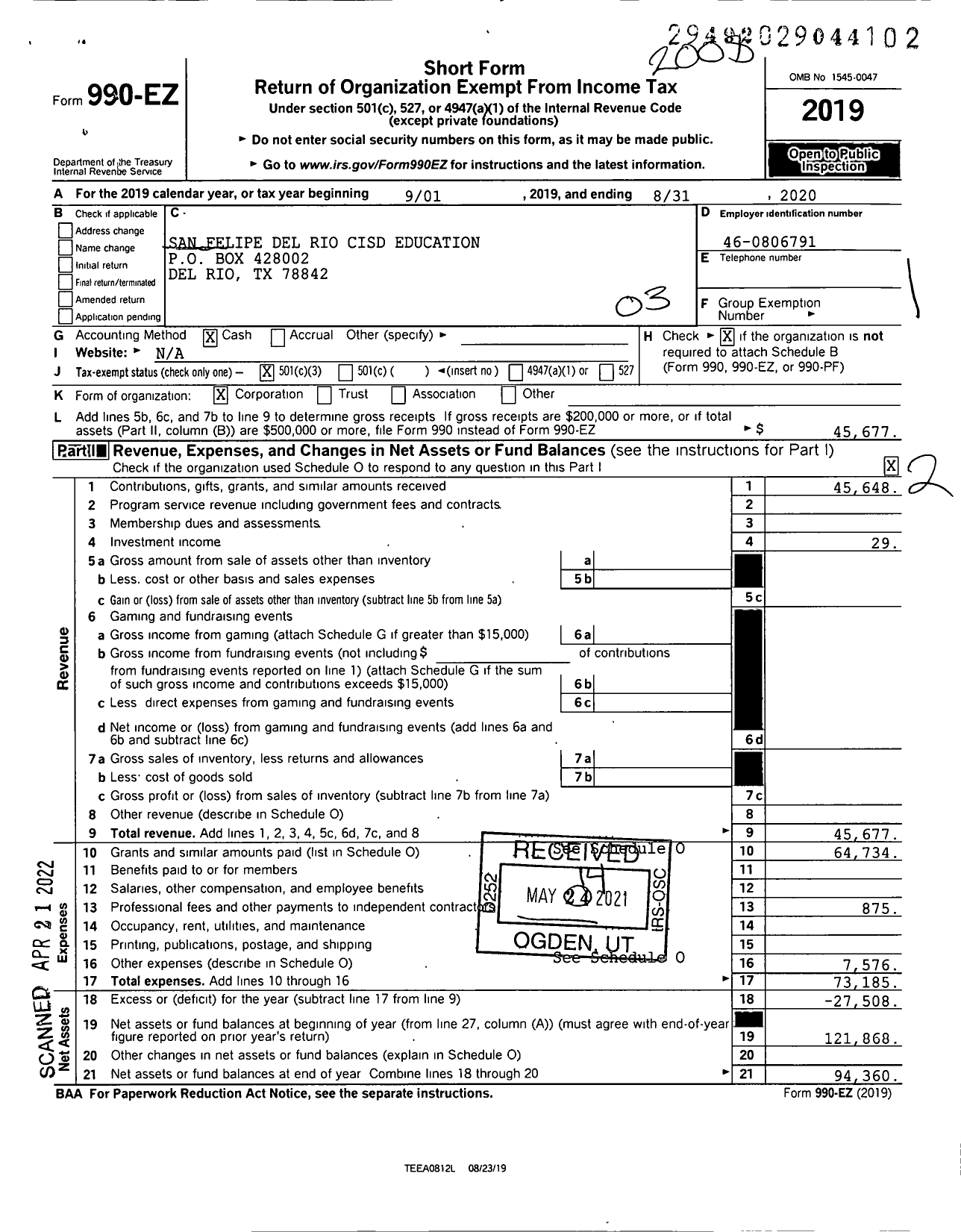 Image of first page of 2019 Form 990EZ for San Felipe Del Rio Cisd Education