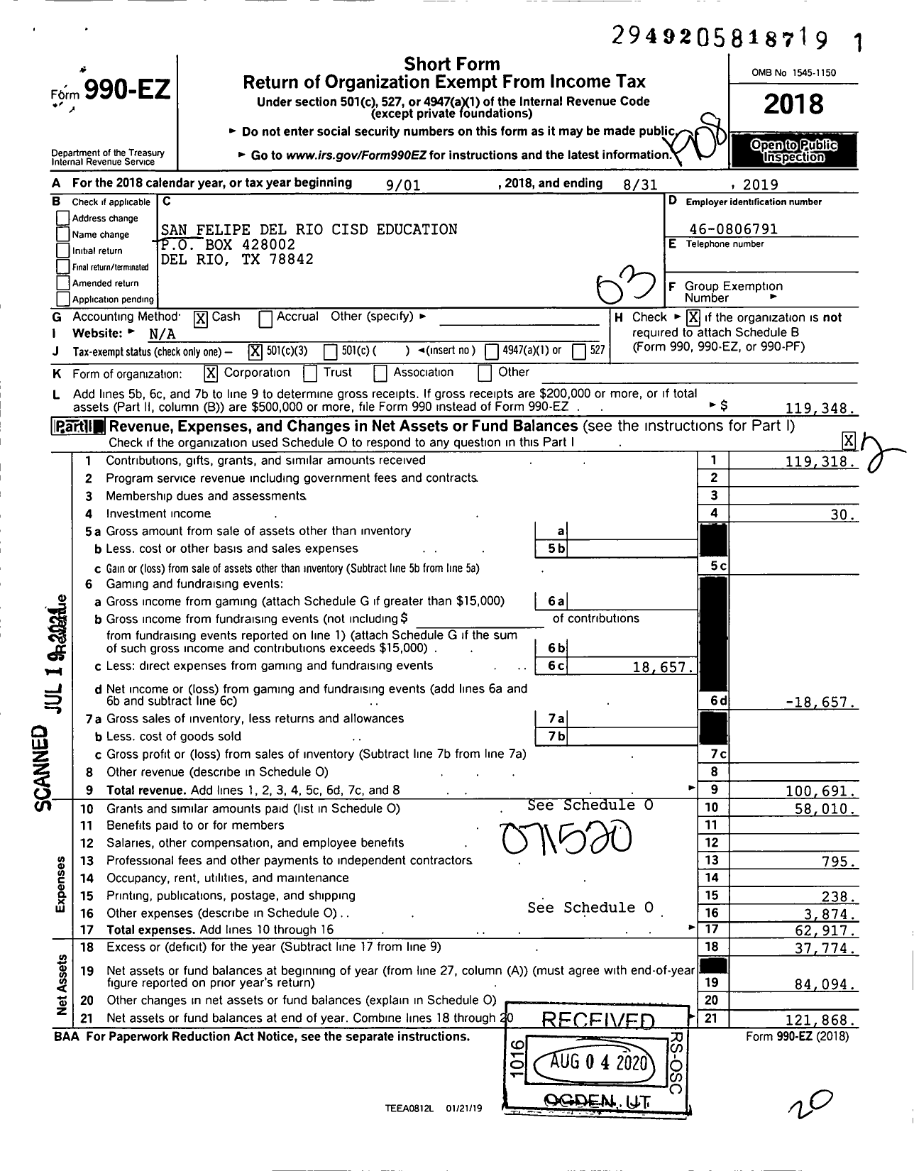 Image of first page of 2018 Form 990EZ for San Felipe Del Rio Cisd Education