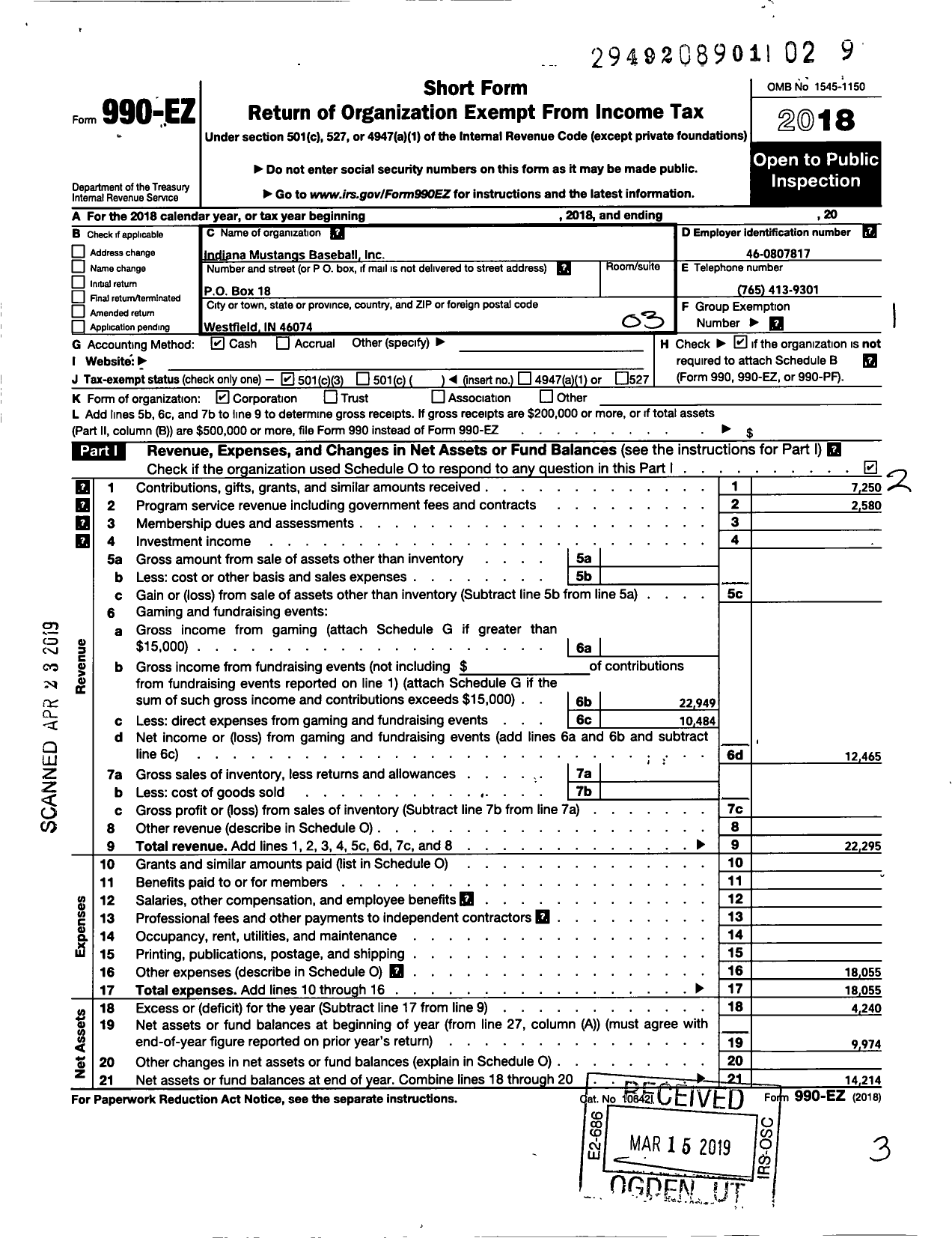 Image of first page of 2018 Form 990EZ for Indiana Mustangs Baseball